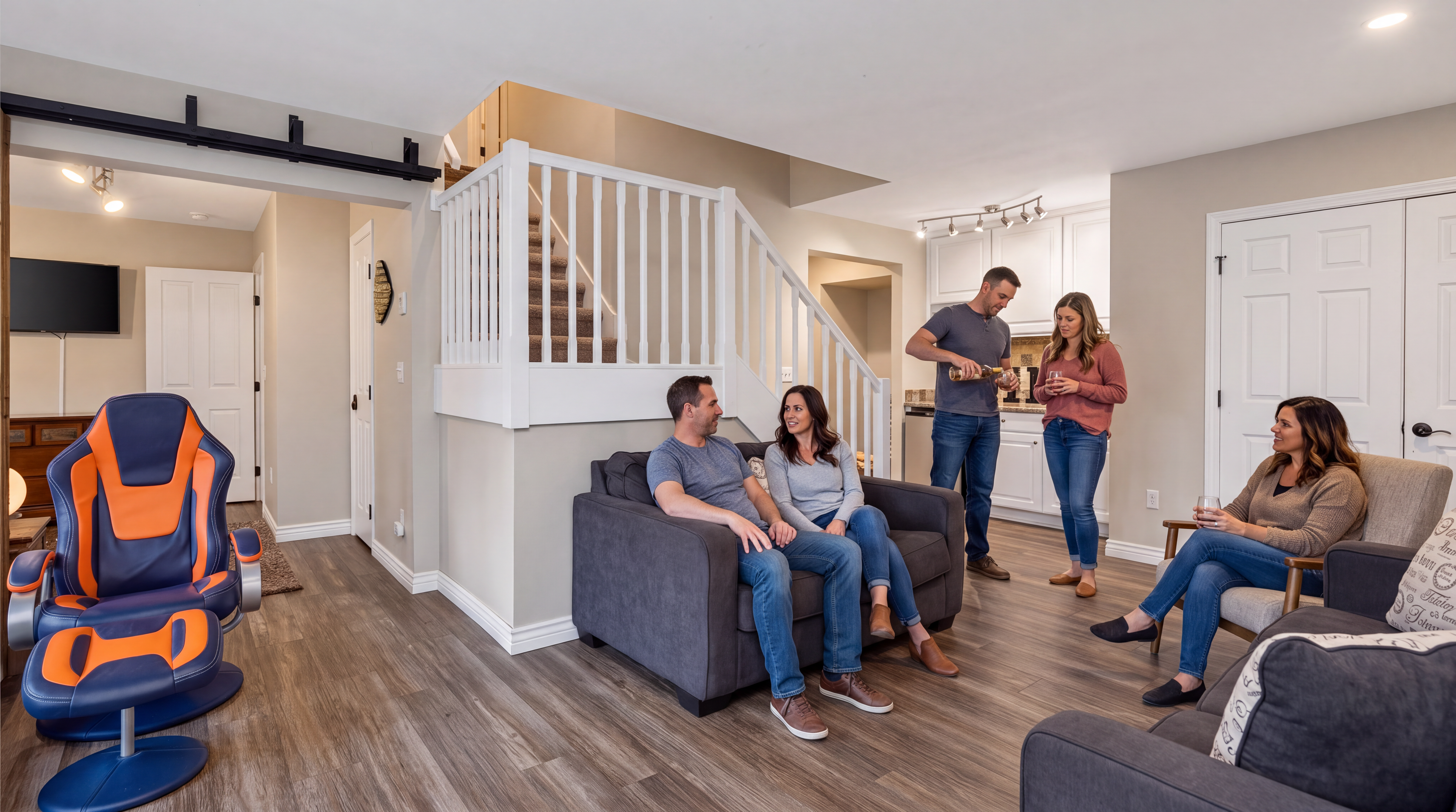 This living area features an open-concept design with modern gray vinyl plank flooring and neutral wall tones. It highlights a cozy seating arrangement for social gatherings, featuring a dark upholstered couch, an accent chair, and a vibrant blue and orange gaming chair, all set against the backdrop of an indoor staircase and a brightly lit kitchen area.