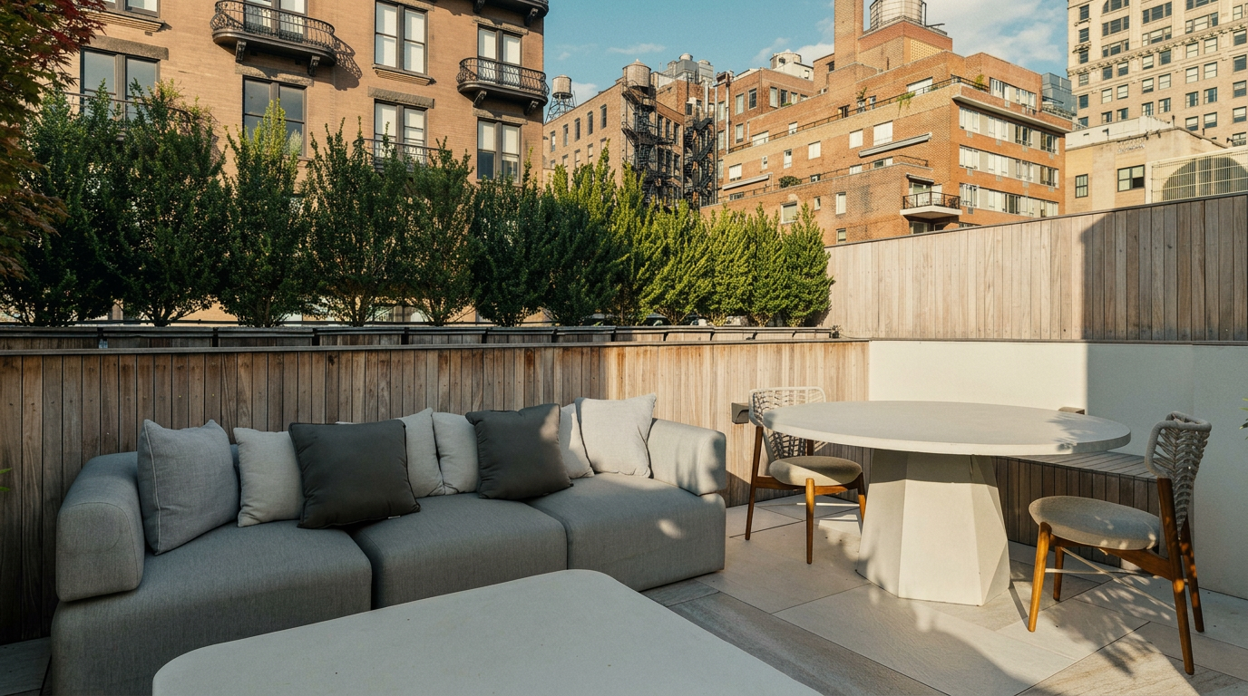 This sophisticated rooftop terrace features a contemporary outdoor lounge area with a plush grey sectional sofa and a matching coffee table. A modern, sculptural dining table with two woven chairs sits adjacent, all set against a backdrop of lush greenery and classic urban architecture. The space is defined by clean lines and neutral tones, offering a serene and stylish retreat in the heart of the city.