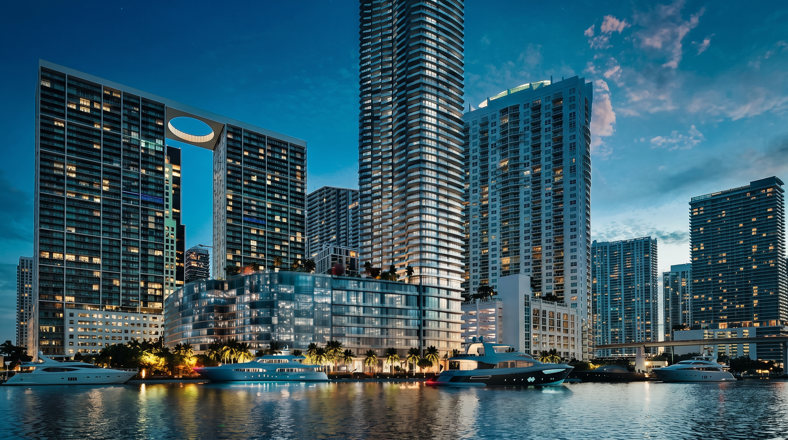This cinematic rendering showcases a towering, modern high-rise residential building at twilight, characterized by its sleek, curved glass facade and illuminated balconies. The structure is positioned along a waterfront, with luxury yachts docked in the foreground, emphasizing an upscale, urban lifestyle. The composition captures the building's impressive scale against a deep blue evening sky, highlighting its prominent presence in the city skyline.