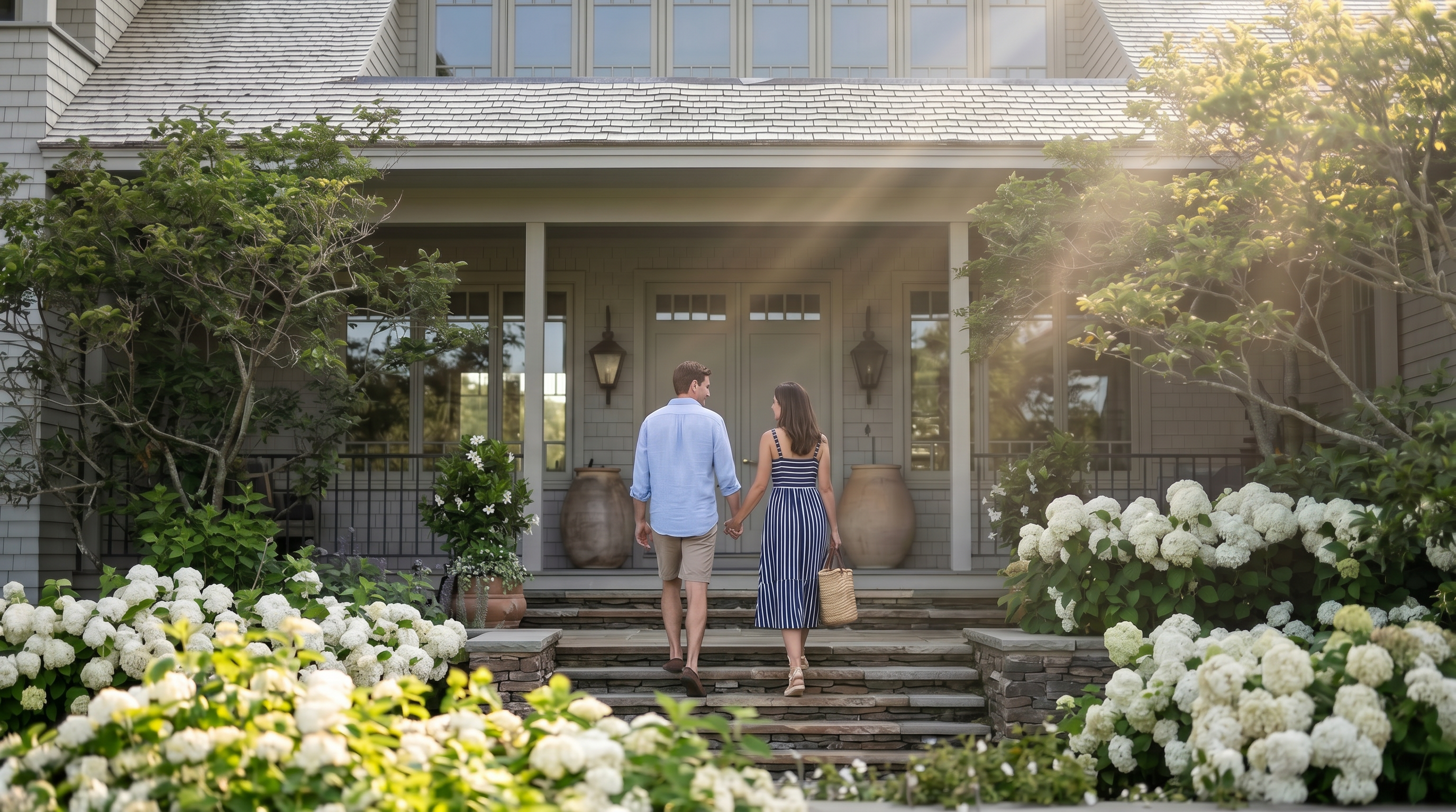 This elegant shingle-style residence features a symmetrical facade with a prominent central entryway and a sprawling, tiered garden filled with lush white hydrangeas. The home is characterized by its light-toned wood siding, a multi-gabled roofline with cedar shingles, and a series of multi-pane windows that create a classic, coastal aesthetic. A stone-paved walkway leads up to the front door, framed by mature landscaping and stone retaining walls, offering a welcoming and sophisticated curb appeal.