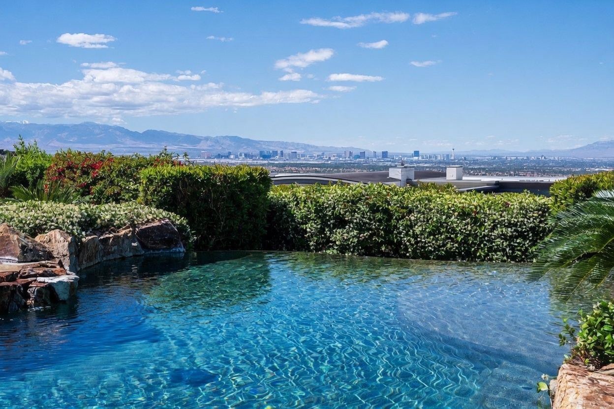 This image captures a stunning infinity-edge pool that seamlessly blends into a panoramic view of the Las Vegas skyline and distant mountains. The foreground features lush green hedges and natural rock landscaping, creating a serene transition between the private outdoor space and the urban horizon. The perspective is elevated, emphasizing the luxurious and expansive nature of the property's outdoor living area.