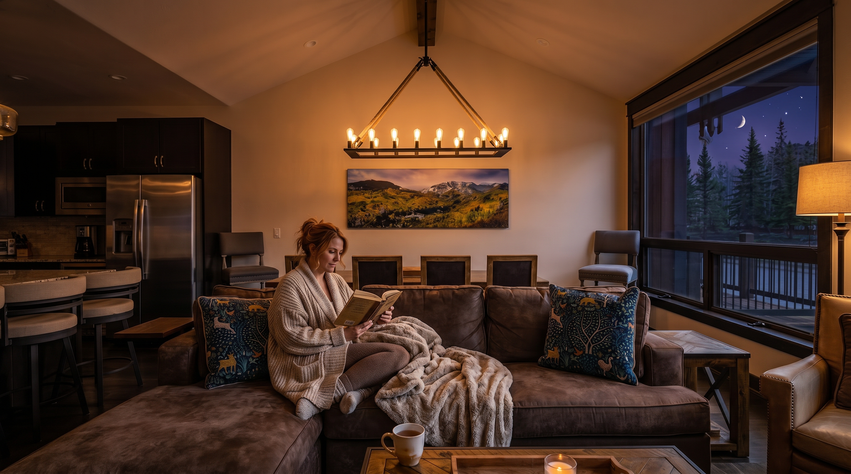 This inviting open-concept living space features a large, plush brown sectional sofa adorned with patterned blue accent pillows and a central rustic coffee table. The room is anchored by a vaulted ceiling with a prominent wooden beam and a unique rope-suspended chandelier, while a large window provides a scenic view of the surrounding forest and mountains. The adjacent kitchen area and dining space create a cohesive, warm, and mountain-inspired atmosphere perfect for relaxation.