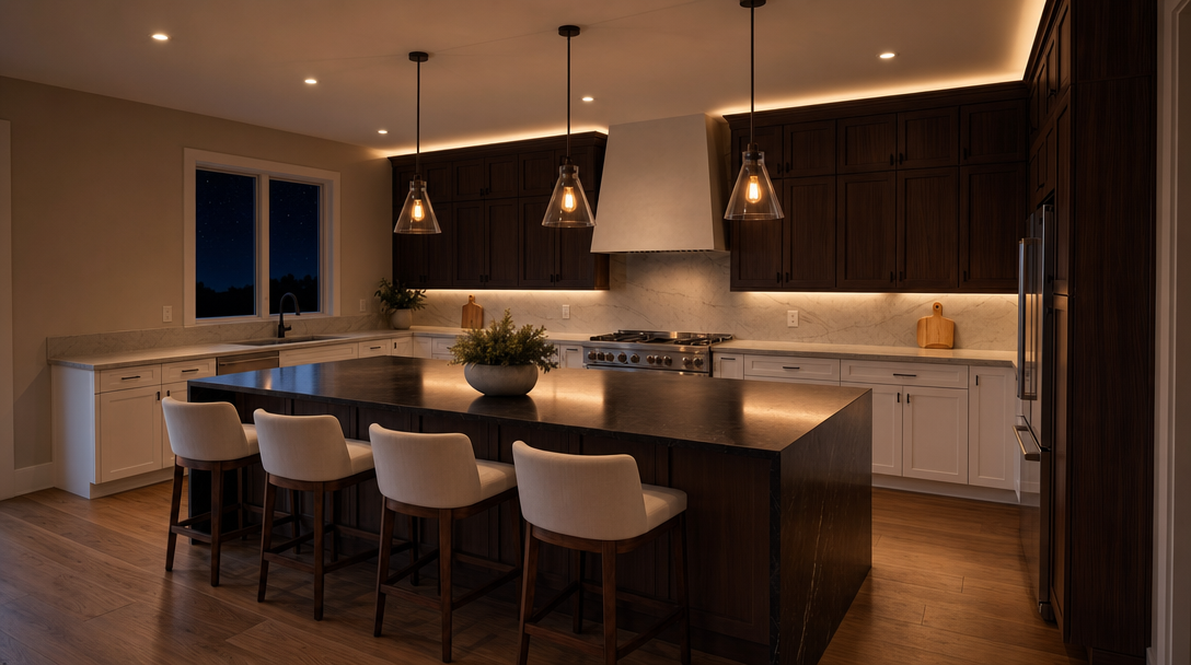 This sophisticated, modern kitchen features a striking contrast between dark wood cabinetry and white base cabinets, complemented by a large, dark stone-topped island with seating for four. It is equipped with professional-grade stainless steel appliances, a custom range hood, and warm under-cabinet lighting that creates an inviting atmosphere. The design is elegant and functional, highlighted by contemporary pendant lights and a clean, marbled backsplash.