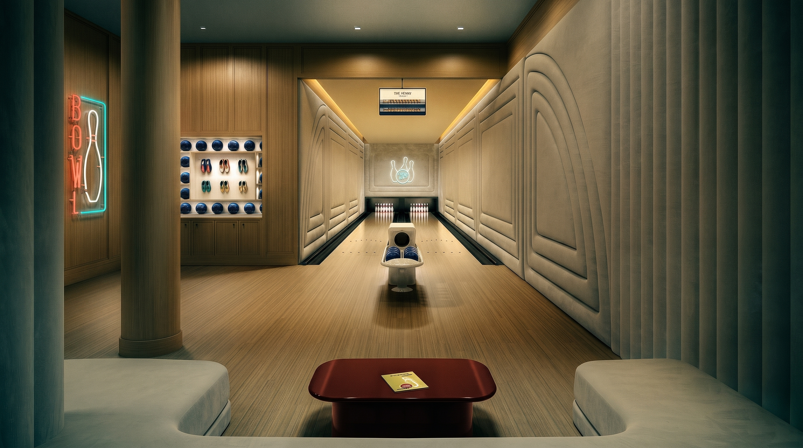 This high-end private bowling alley features a sleek, modern aesthetic with light wood paneling and soft, neutral-toned wall textures. The space includes a central bowling lane with a ball return console, a dedicated display area for bowling balls, and a low-profile red table in the foreground for seating. The perspective is centered and symmetrical, emphasizing the clean lines and sophisticated design of this luxury recreational amenity.