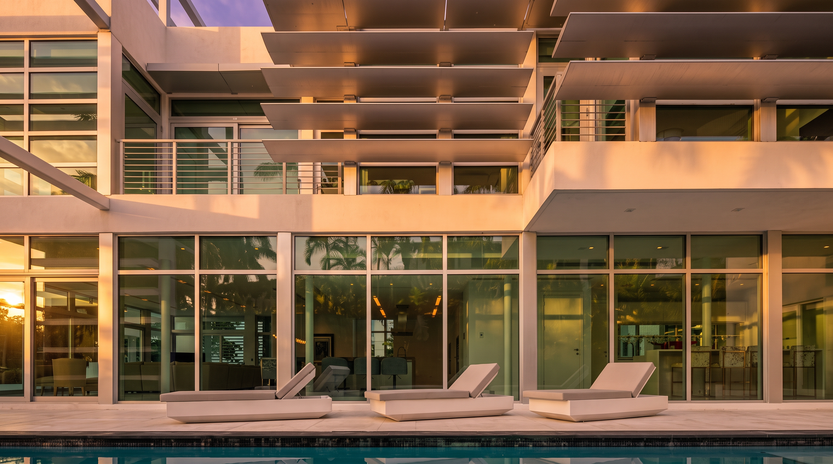 This modern, minimalist residence features a striking rear facade characterized by extensive floor-to-ceiling glass walls that seamlessly connect the interior living spaces to the outdoor pool area. Three white lounge chairs are positioned on the light-toned patio deck, directly overlooking the clear blue water of the swimming pool. The upper level showcases architectural horizontal louvers that provide shade and depth to the clean, white-stucco exterior design.