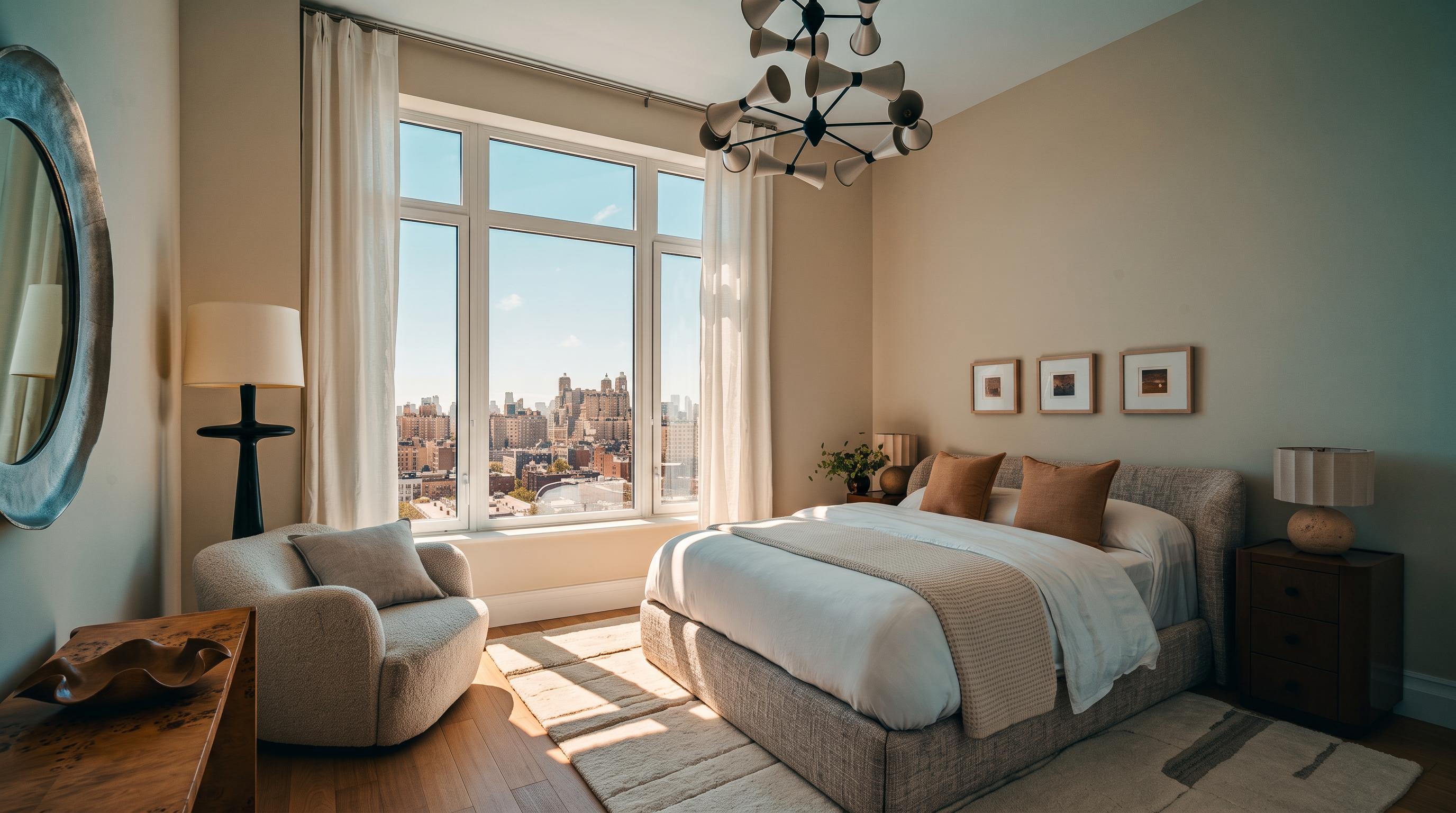 This sophisticated primary bedroom features a neutral color palette, a plush upholstered bed, and a cozy armchair positioned near large windows that offer an expansive city view. A unique, multi-armed modern chandelier serves as a focal point above the bed, while a wooden desk and bedside tables add warmth to the space. The room is bathed in natural light, creating an airy and serene atmosphere suitable for a high-end urban residence.