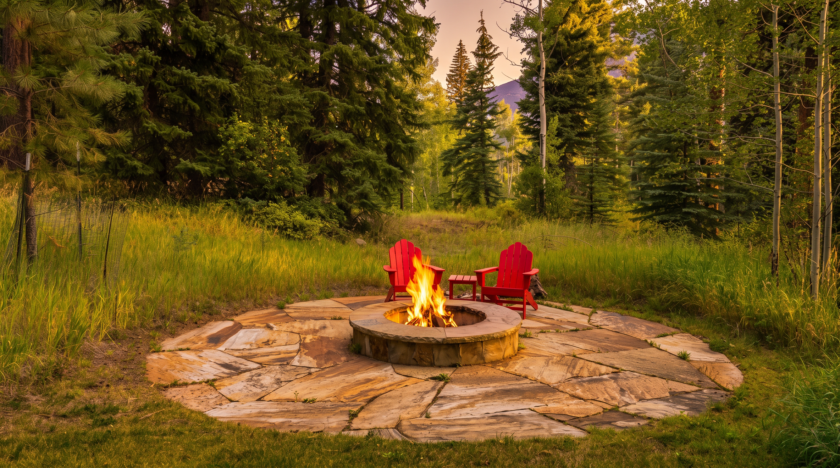 This serene outdoor space features a circular stone patio centered around a stone fire pit with a crackling fire. Two bright red Adirondack chairs are positioned on the patio, separated by a small matching side table, creating a cozy seating area. The setting is nestled within a lush, grassy clearing surrounded by a dense forest of tall pine and aspen trees, offering a private and tranquil atmosphere.