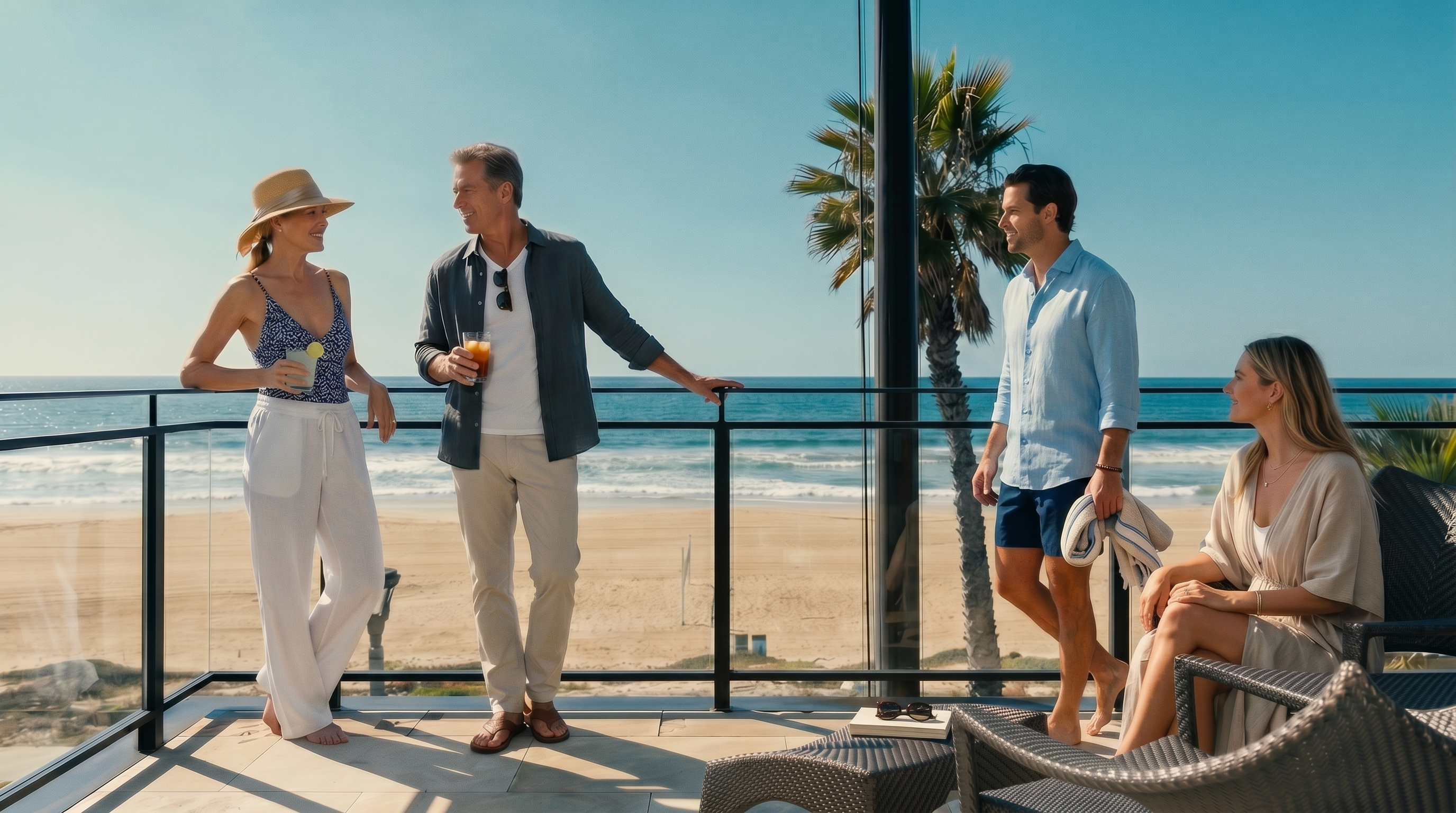 This balcony offers a direct, unobstructed view of the ocean and sandy beach, framed by a sleek, modern glass and metal railing. The space is furnished with a woven outdoor chair and ottoman, creating a serene spot to enjoy the coastal scenery. A tall palm tree stands just beyond the railing, enhancing the tropical, beachfront atmosphere of this outdoor living area.