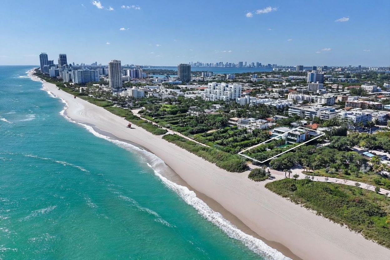 This high-altitude aerial perspective captures a luxurious modern residence situated directly along a pristine sandy coastline. The property is highlighted by a white outline, showcasing its expansive grounds, lush tropical landscaping, and proximity to the turquoise ocean waters. In the background, a sprawling cityscape with high-rise buildings stretches along the horizon, emphasizing the prime coastal location.