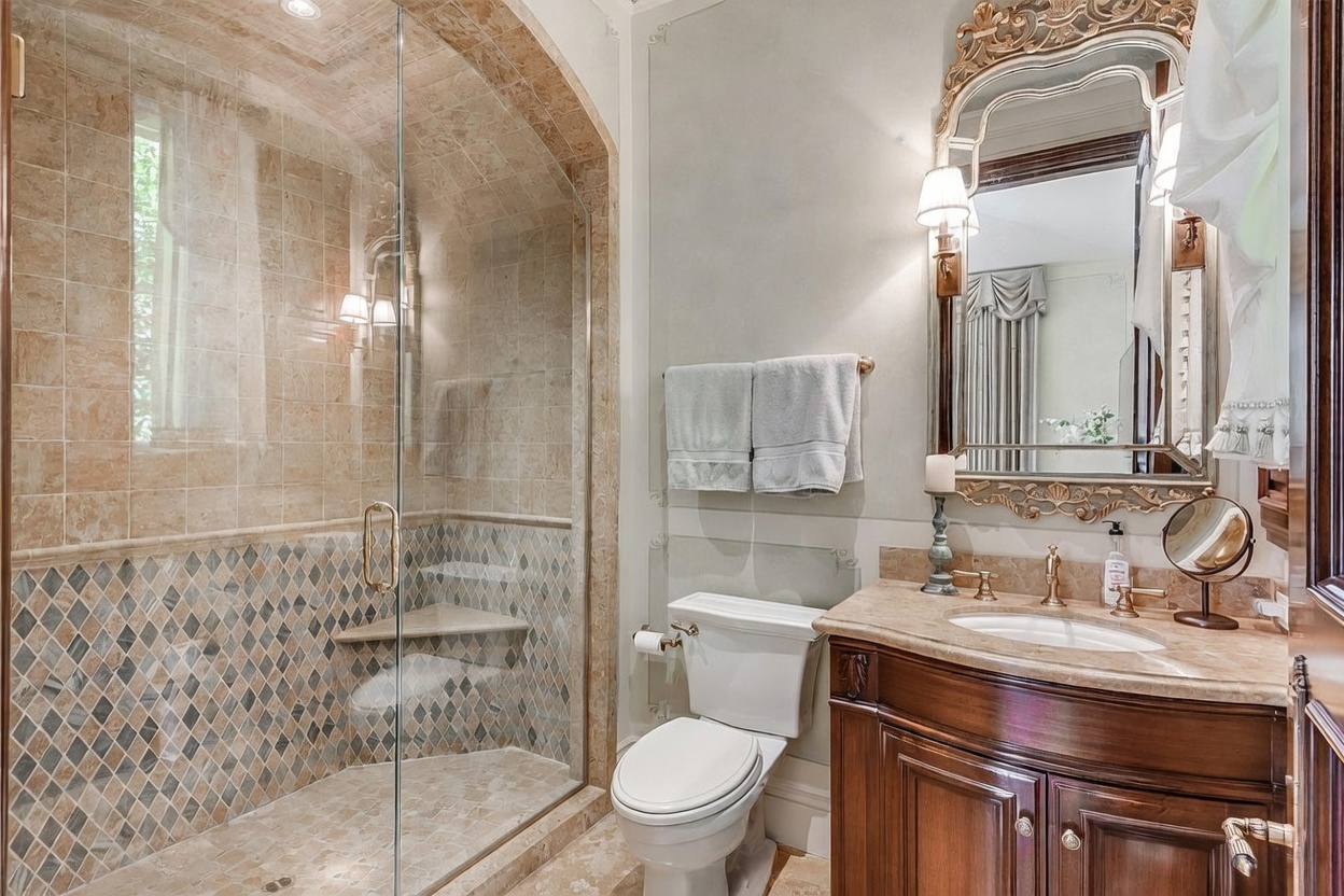 This elegant bathroom features a walk-in shower with an arched glass enclosure and decorative diamond-patterned tile work. A dark wood vanity with a stone countertop and an ornate, framed mirror adds a touch of traditional sophistication to the space. The room is well-lit by wall-mounted sconces, creating a warm and inviting atmosphere.
