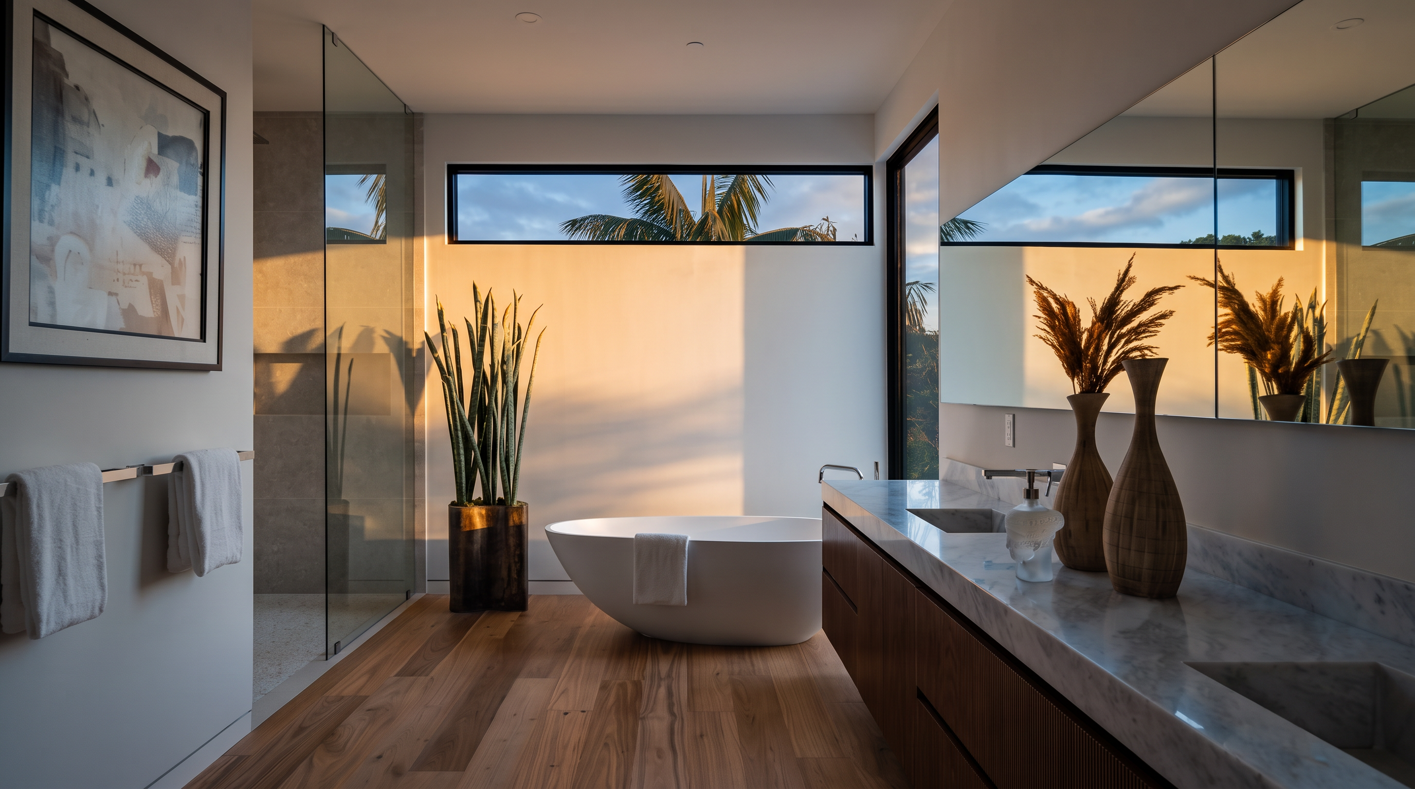 This modern primary bathroom features a sleek freestanding soaking tub positioned beneath a long, horizontal window that brings in natural light. A floating vanity with a stone countertop and dual sinks runs along the right wall, complemented by a large mirror and decorative vases. The space is finished with light wood flooring and a glass-enclosed walk-in shower, creating a bright, minimalist, and spa-like atmosphere.
