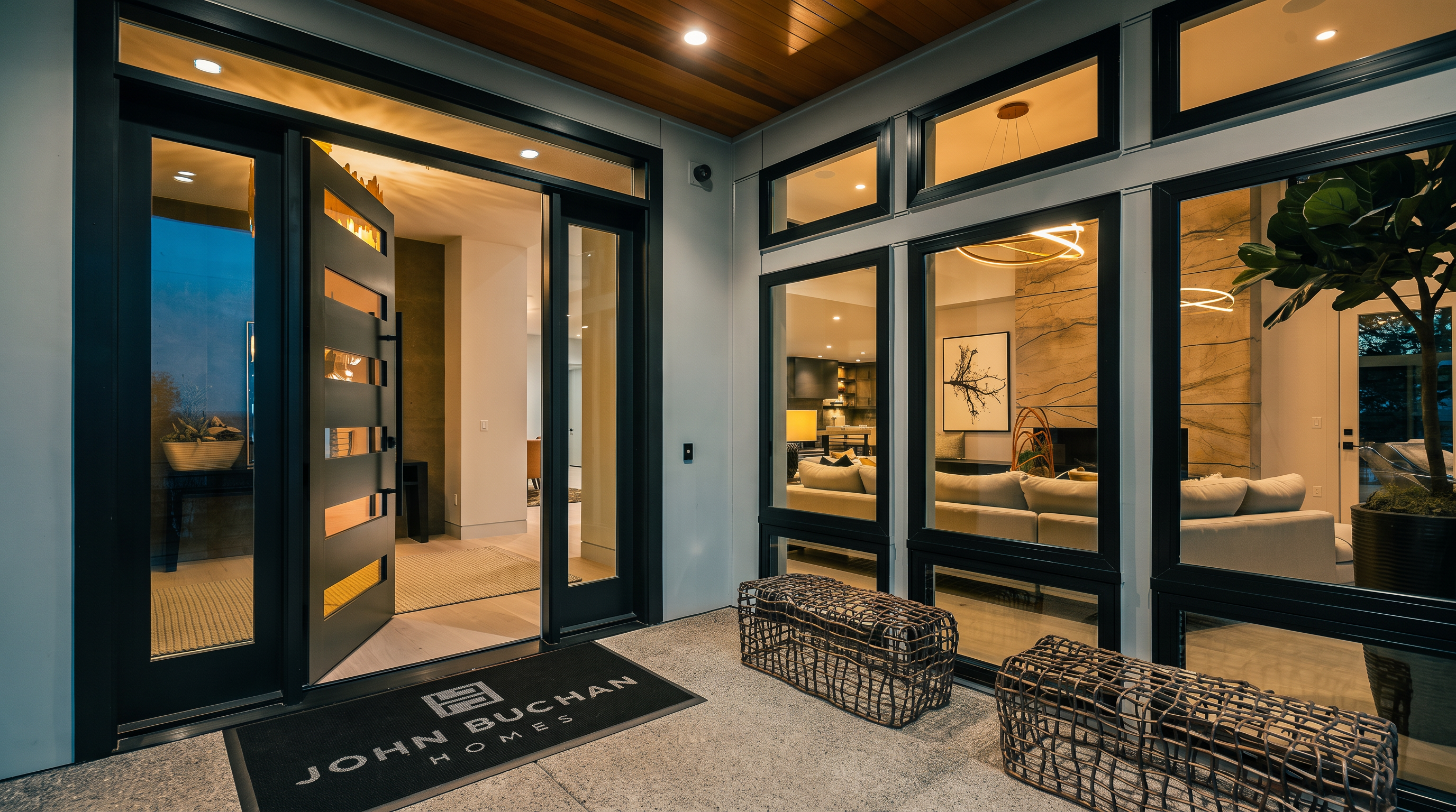 This modern entryway features a striking dark-framed front door with horizontal glass panels, opening into a bright, contemporary interior. The covered porch area is accented by a warm wood-paneled ceiling and large windows that provide a clear view into the living room, which showcases a tall stone-clad chimney breast. Two woven benches sit on the textured concrete porch, creating a welcoming and sophisticated transition from the outdoors.