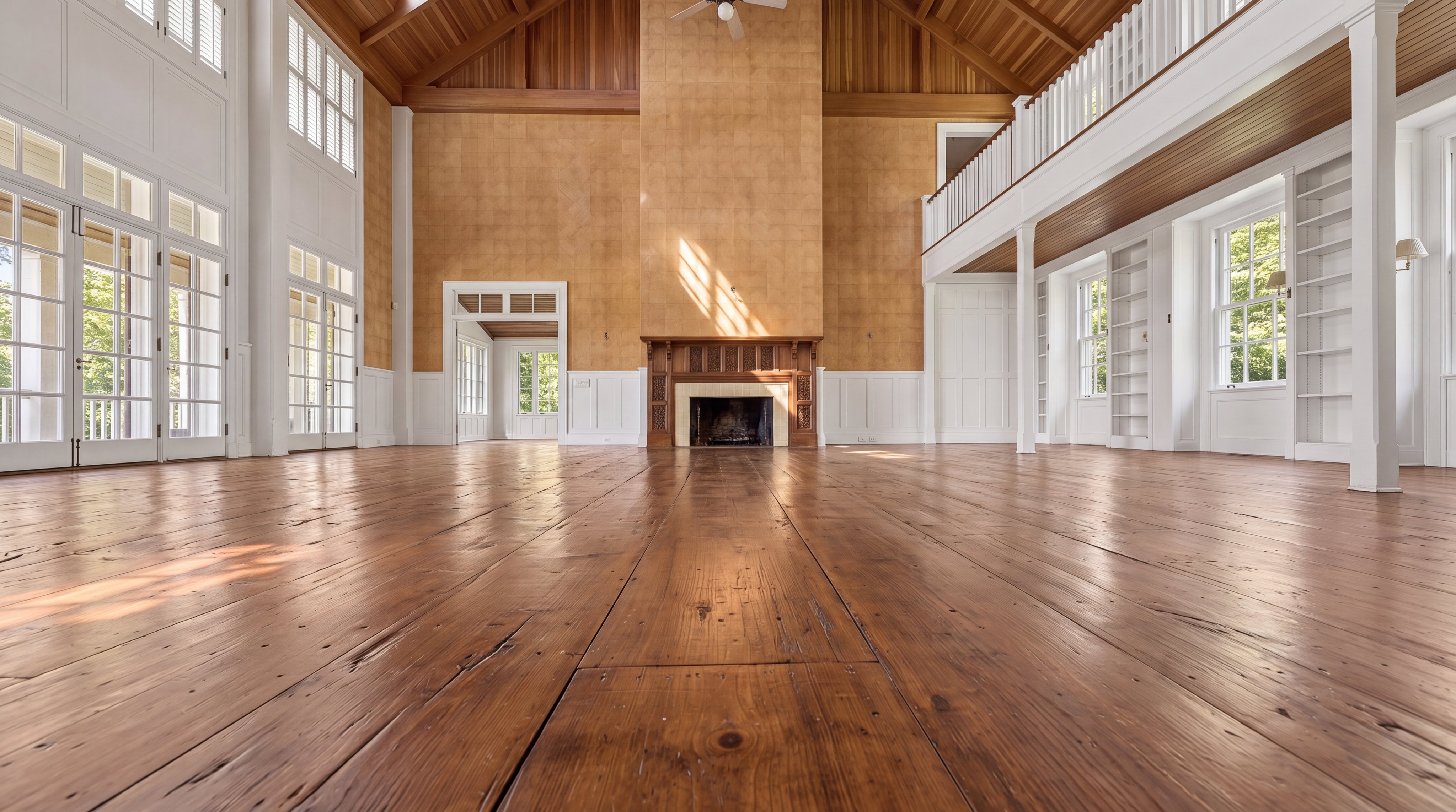 This spacious, high-ceiling living room features rich wide-plank wood flooring and a grand central fireplace with detailed mantle work. The room is characterized by its expansive scale, classic architectural details, and natural lighting, with a mezzanine balcony providing an elegant overlook. The warm, earthy color palette and wood-paneled ceiling evoke a sophisticated, timeless atmosphere.