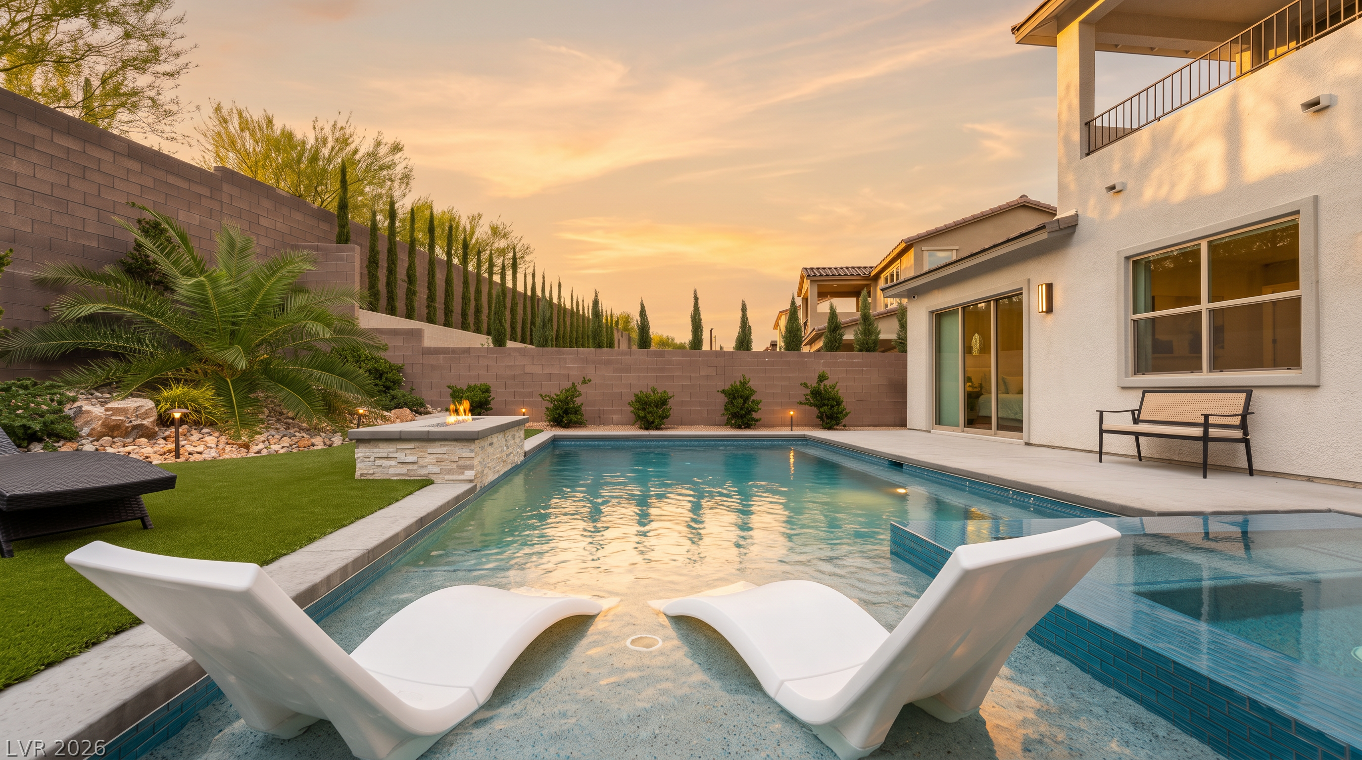 This backyard oasis features a modern swimming pool with a built-in tanning ledge occupied by two white lounge chairs. A stone-clad water feature sits at the edge of the pool, adjacent to a manicured artificial turf lawn and a concrete patio area. The space is enclosed by a tall masonry wall lined with slender cypress trees, creating a private and serene outdoor retreat.