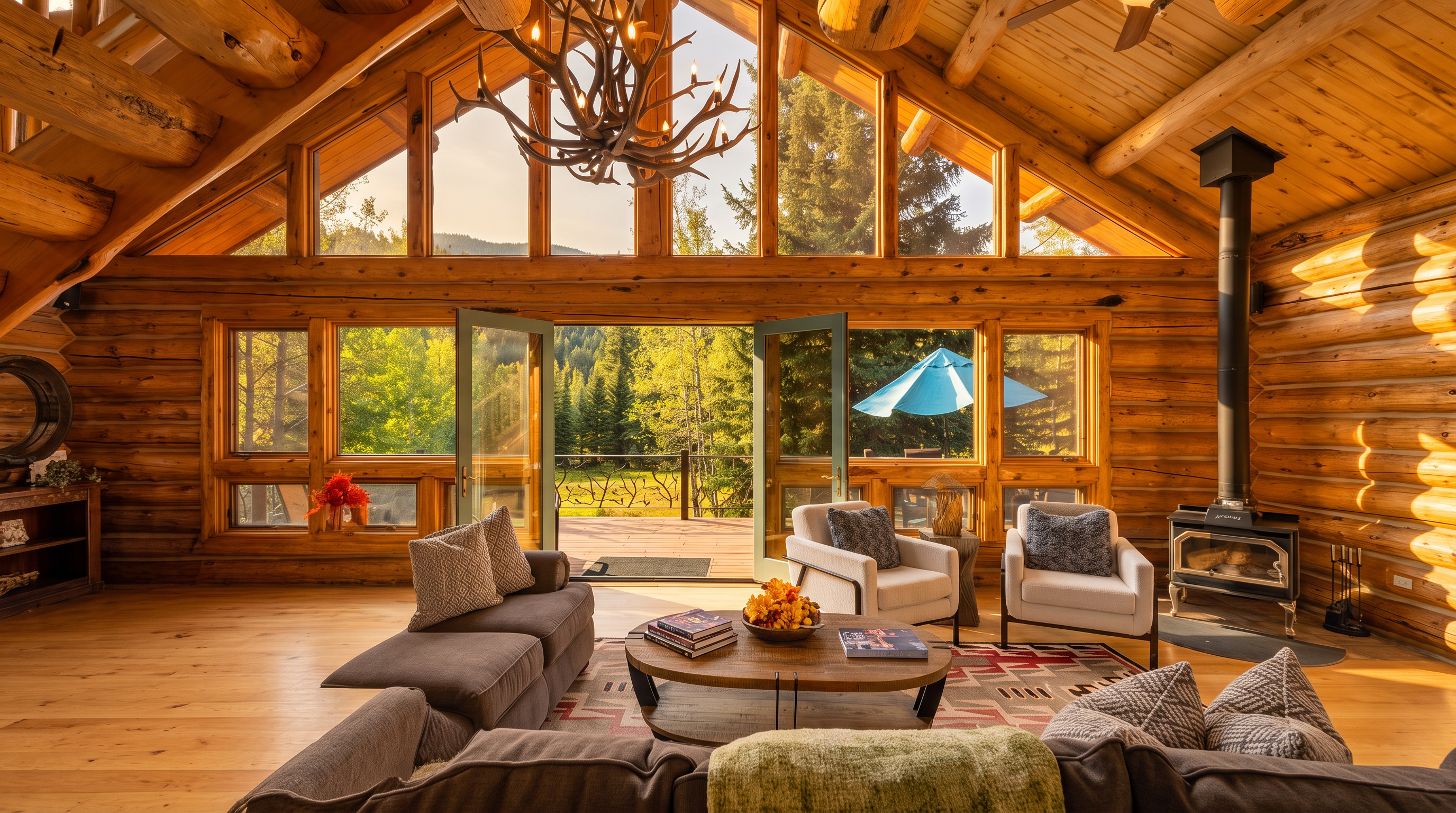This rustic living room features exposed log walls and a vaulted ceiling with heavy timber beams, centered around a large antler chandelier. A comfortable gray sectional sofa and two white armchairs are arranged around a circular wooden coffee table, all set upon a patterned area rug. Large windows and open double doors provide an expansive view of the surrounding forest and deck, while a black wood-burning stove stands to the right.