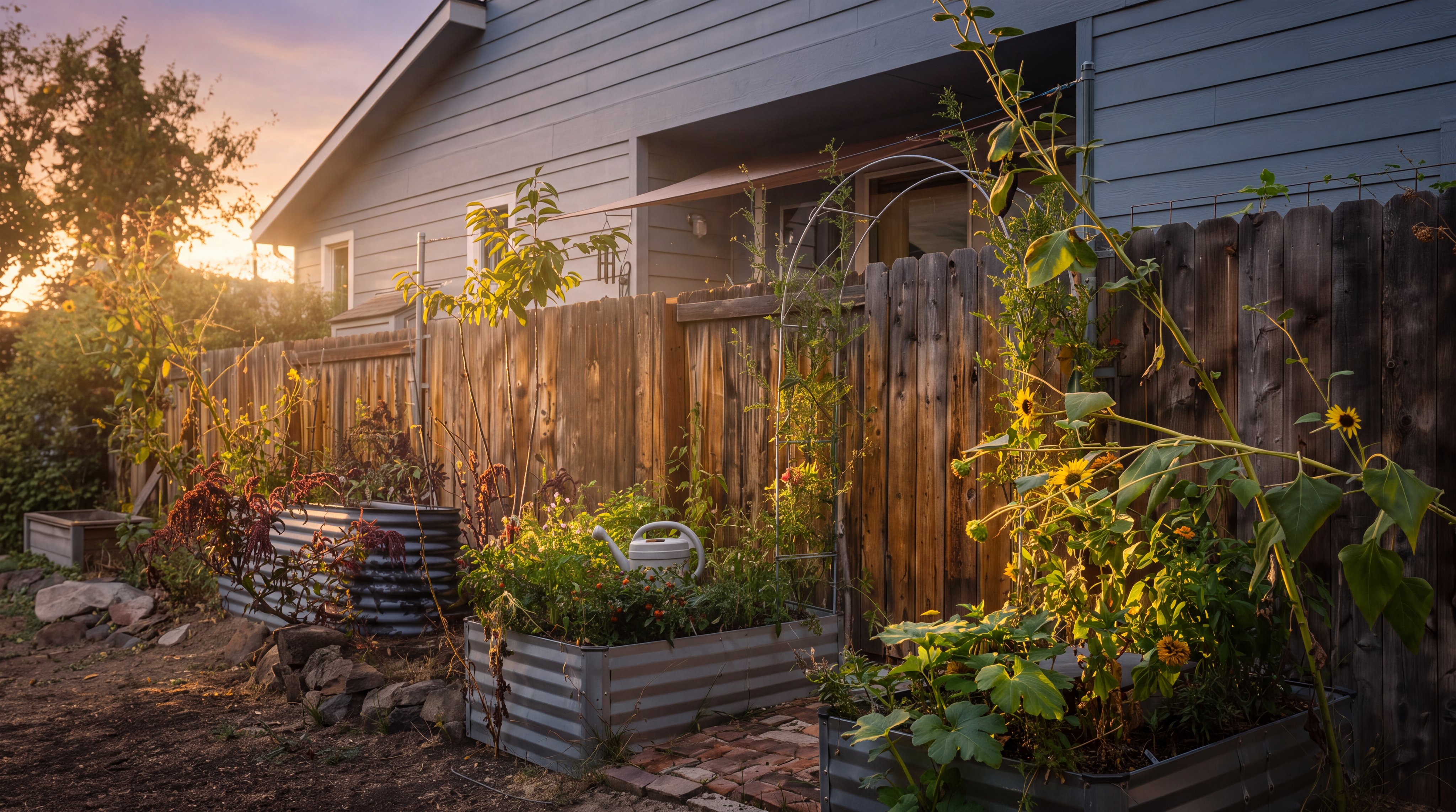 This backyard garden space features multiple raised metal planter beds filled with a variety of lush plants and flowers, including tall sunflowers. A wooden fence provides privacy, while a metal garden archway adds a decorative touch to the pathway. The scene is captured from a ground-level perspective, showcasing a well-maintained outdoor area adjacent to the side of a blue-sided home.