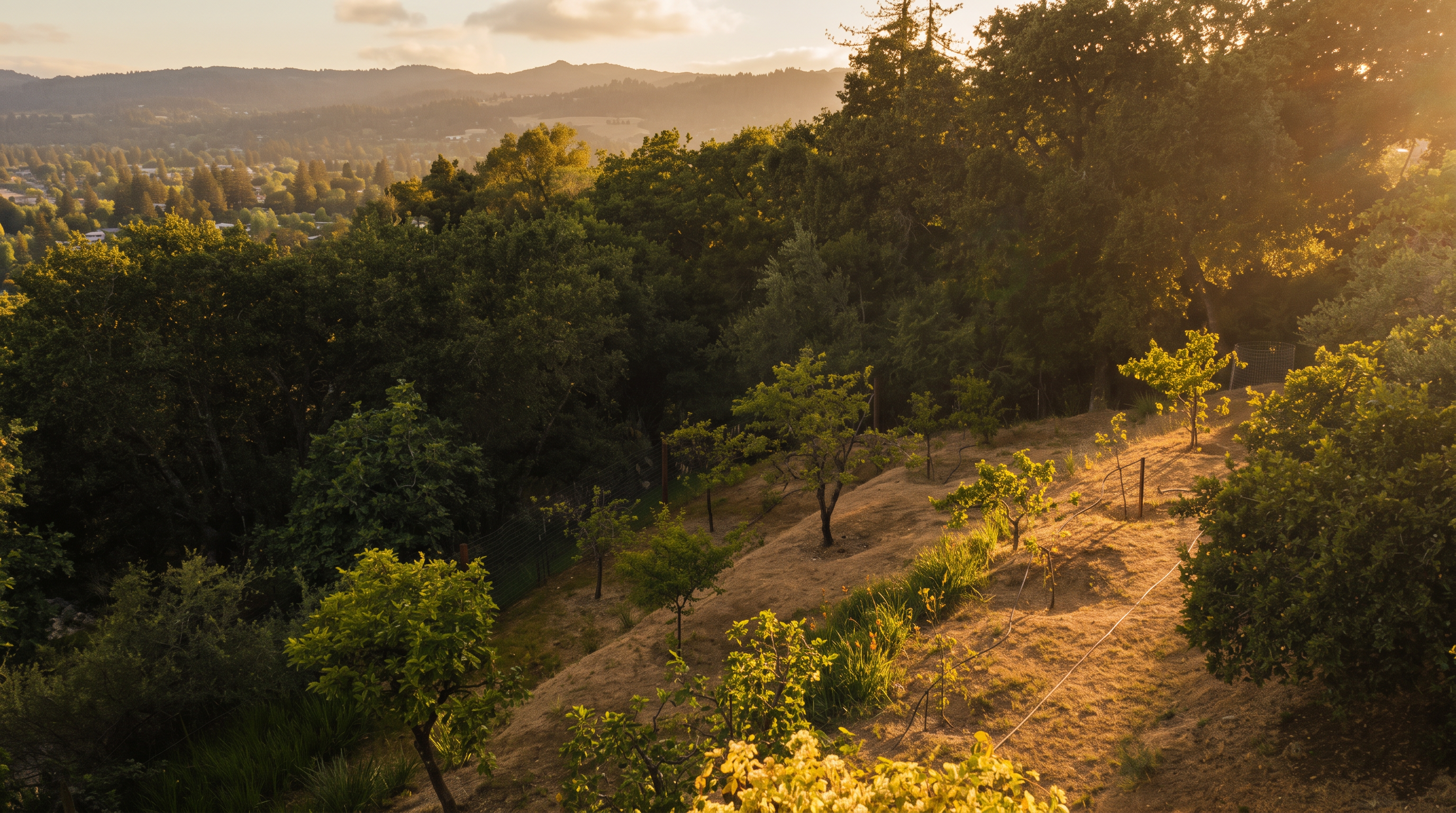 This elevated view captures a terraced hillside garden featuring young fruit trees planted in rows along the slope. The landscape is defined by a mix of dry, sun-drenched earth, patches of greenery, and a wire fence bordering the property, with a lush forest and distant mountains providing a scenic backdrop. The perspective is taken from an upper vantage point, emphasizing the expansive nature of the outdoor space and its integration with the surrounding natural environment.