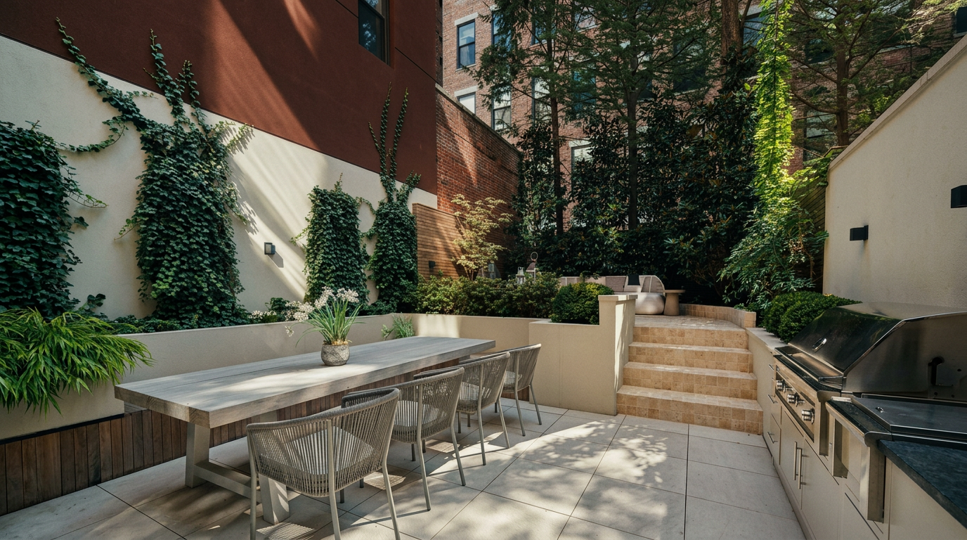 This sophisticated urban patio features a sleek, modern dining area with a long wooden table and woven chairs, set against a backdrop of lush climbing ivy and mature trees. The space includes a built-in stainless steel outdoor kitchen and stone steps leading to an elevated lounge area, creating a private, tranquil retreat. The clean lines and neutral stone paving offer a high-end, contemporary aesthetic perfect for outdoor entertaining.