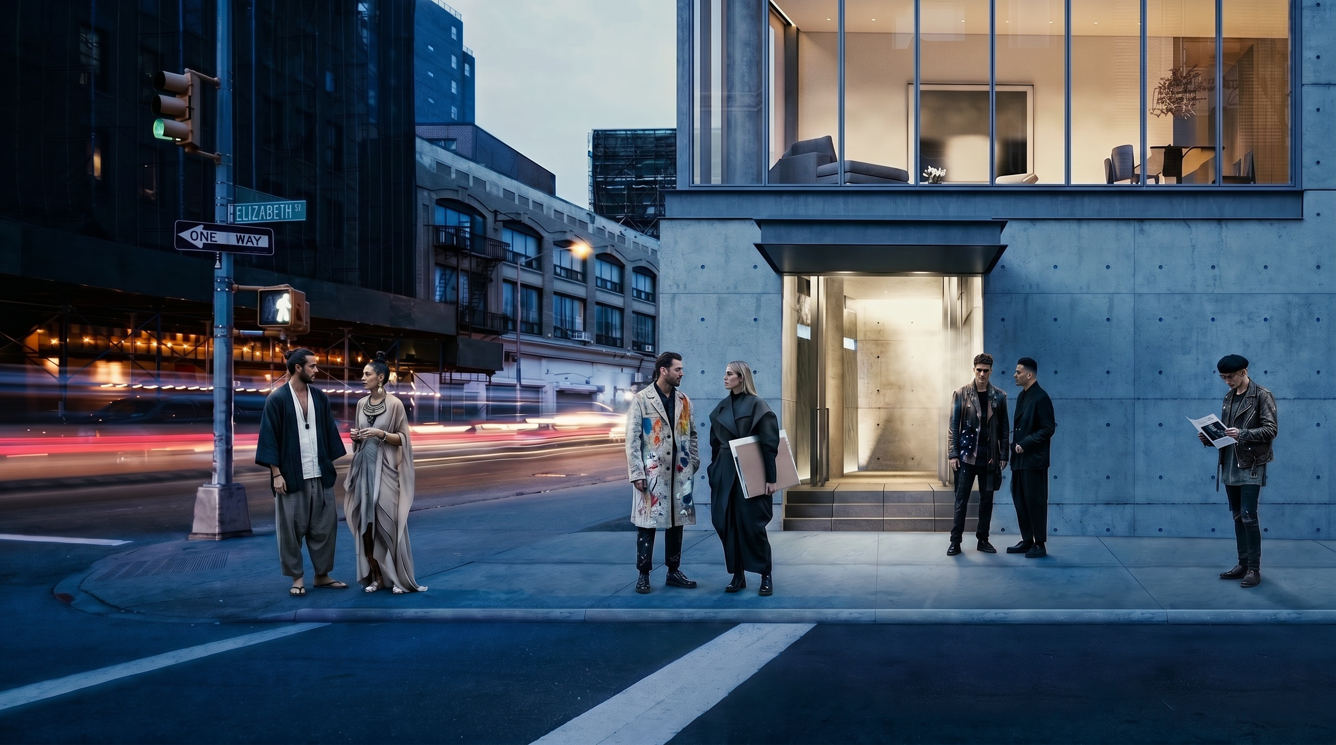 This image showcases the sleek, brutalist-inspired entrance of a modern urban building at twilight. The structure features seamless concrete exterior walls and floor-to-ceiling glass windows that reveal a sophisticated interior space. The combination of industrial materials, soft ambient lighting in the entryway, and the dynamic city street backdrop conveys a premium, contemporary metropolitan lifestyle.