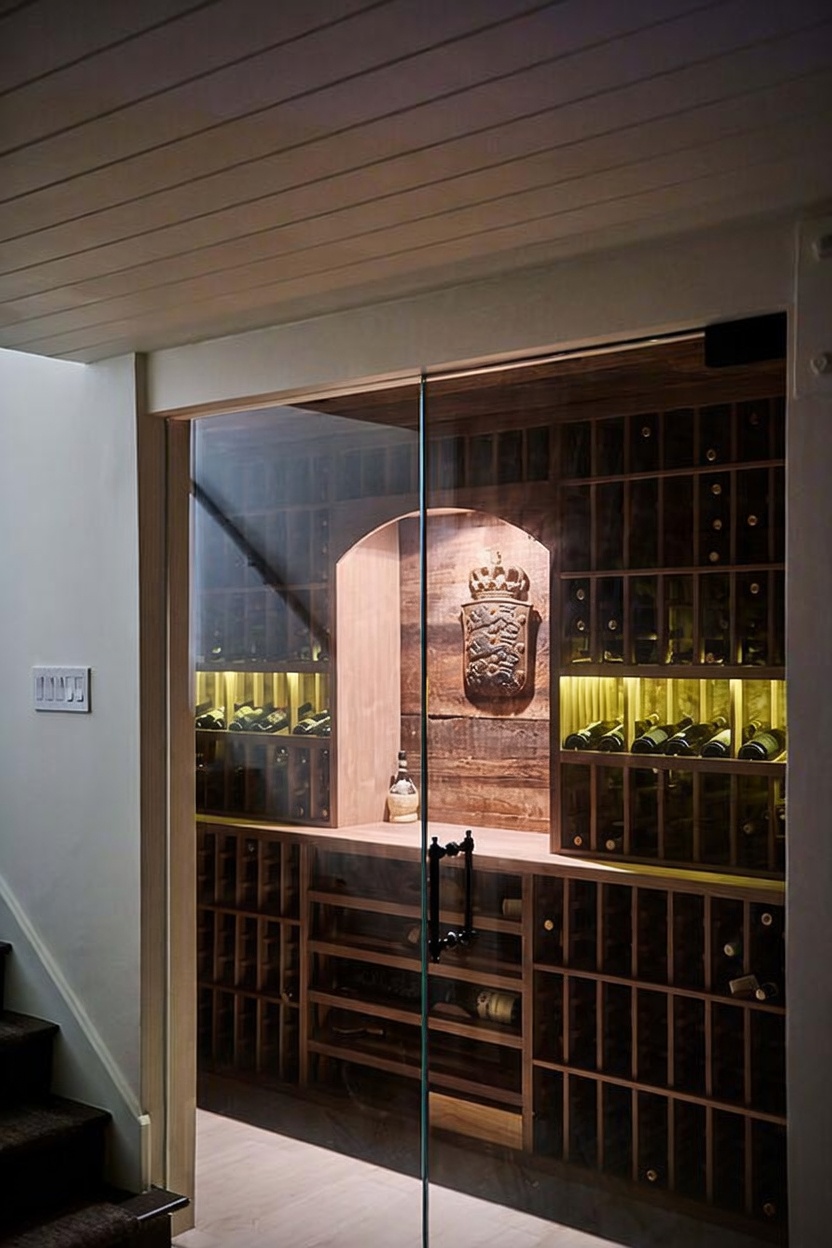 This sophisticated, climate-controlled wine cellar features custom dark wood shelving and integrated LED lighting that highlights the collection. A central arched alcove displays a decorative crest, adding a touch of old-world elegance to the modern glass-enclosed space. The perspective is from just outside the glass door, looking into the cellar, which is positioned adjacent to a staircase.