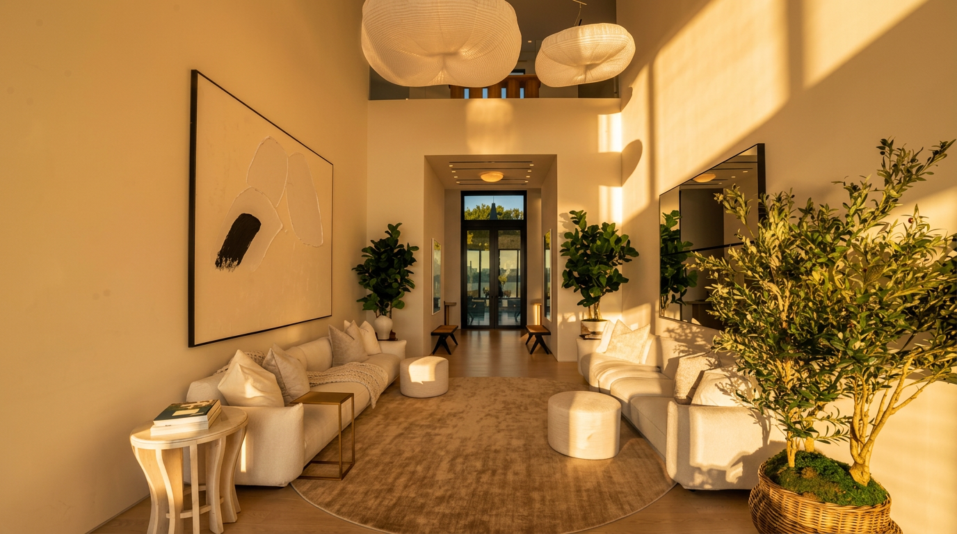 This expansive, double-height living room features a bright, minimalist aesthetic with white sofas, light wood flooring, and a large circular area rug. The space is accented by two large, sculptural pendant lights, potted indoor trees, and a prominent abstract art piece on the wall. A central walkway leads through the room toward a glass-paned entryway, creating a symmetrical and airy atmosphere.