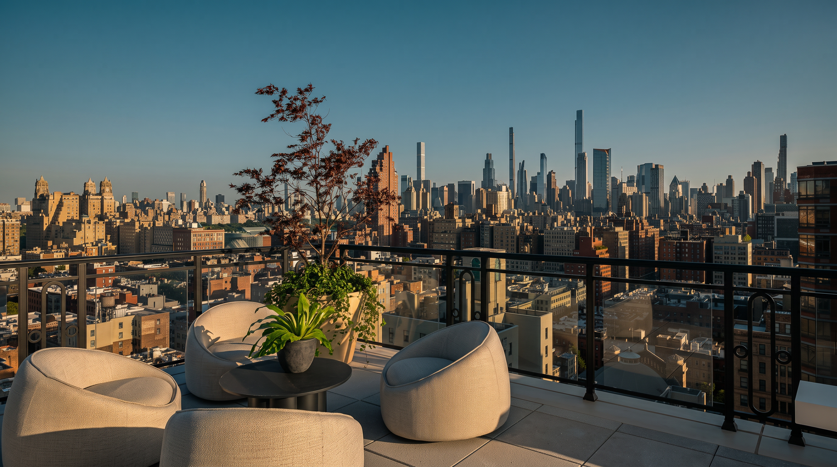 This high-rise terrace offers a sophisticated outdoor living space with a panoramic view of the New York City skyline. The area is furnished with four modern, rounded lounge chairs arranged around a central circular table, complemented by a potted tree that adds a touch of greenery. The scene is captured from a slightly elevated perspective, emphasizing the expansive urban backdrop and the clean, paved surface of the balcony.