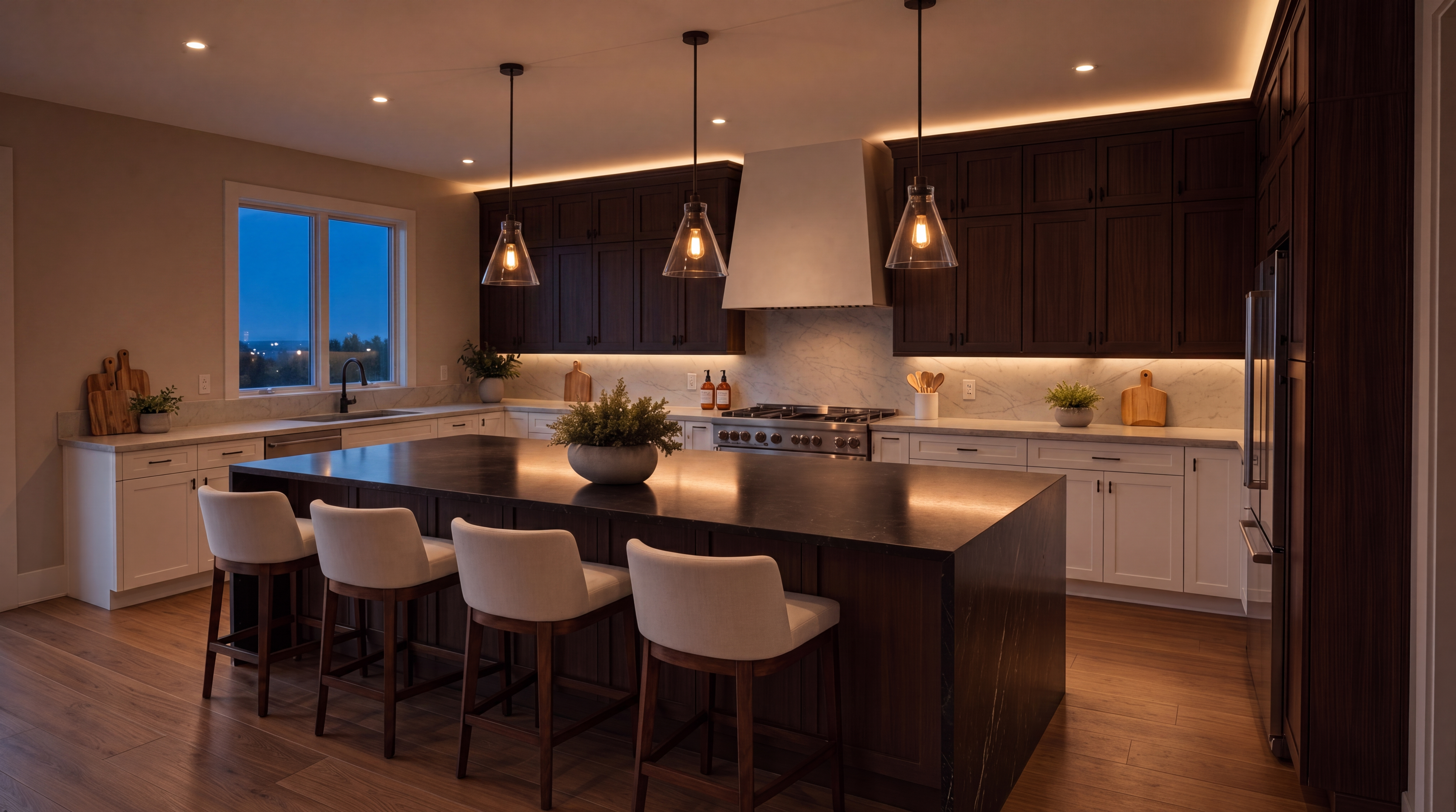 This sophisticated modern kitchen features a striking contrast between dark wood cabinetry and clean white base cabinets. A large center island with a dark stone waterfall countertop serves as a focal point, complemented by stylish pendant lighting and under-cabinet illumination. The space is further enhanced by high-end stainless steel appliances, a marble backsplash, and a warm, inviting atmosphere perfect for both cooking and entertaining.