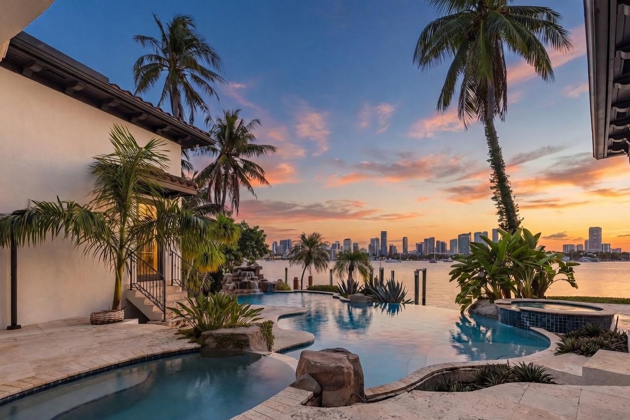 This stunning waterfront property features a custom-designed infinity-edge pool and integrated spa that seamlessly blends into the bay view. The outdoor living space is framed by lush tropical landscaping, including mature palm trees, and offers a panoramic perspective of the distant city skyline at sunset. The stone-paved patio provides a luxurious transition from the home's exterior to the water's edge, creating an ideal setting for high-end outdoor entertaining.