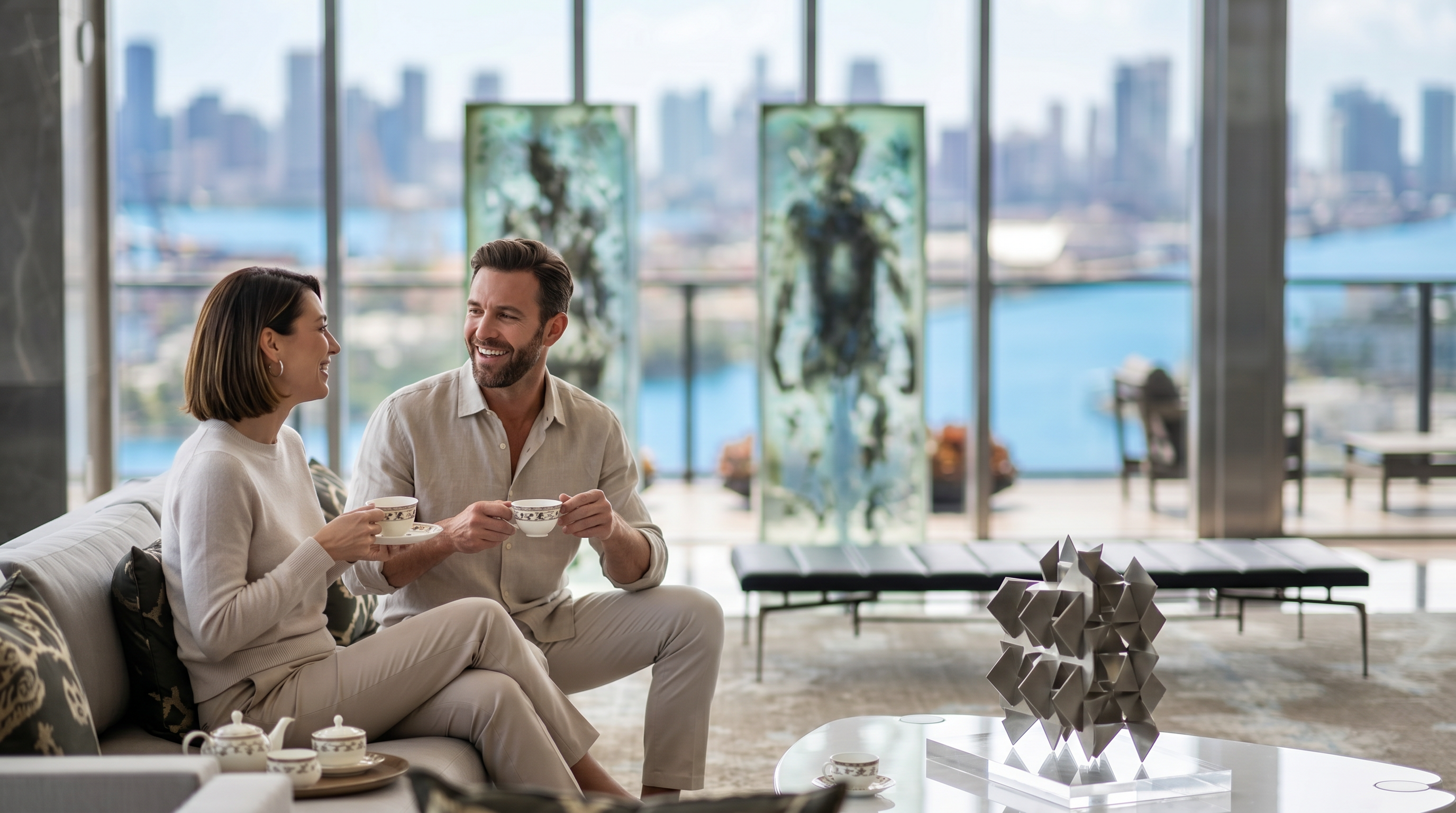 This expansive, double-height living room features dramatic floor-to-ceiling windows that frame a panoramic view of the city skyline and waterfront. The space is anchored by a large, neutral-toned area rug, a contemporary white triangular coffee table, and a sleek glass spiral staircase that adds a sculptural element to the room. Two striking, translucent art installations stand prominently before the glass, enhancing the sophisticated and airy atmosphere of this luxury residence.