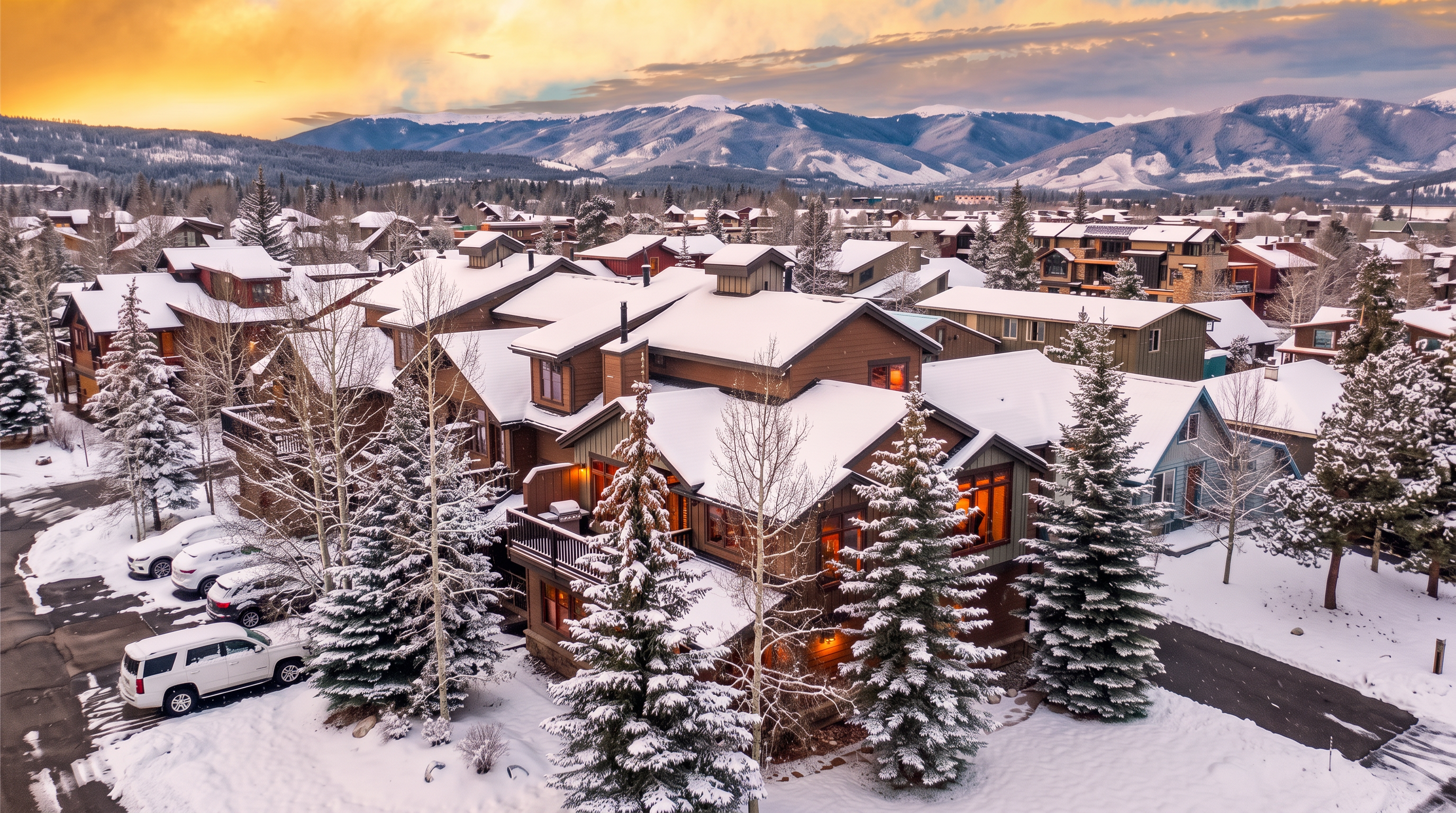 This high-angle aerial view captures a multi-story mountain-style residence nestled within a forested community. The home features a complex roofline with dark shingles, warm-toned wood siding, and multiple balconies, set against a backdrop of rolling mountains and a clear sky. A construction crane is visible in the distance, suggesting ongoing development in the surrounding neighborhood.