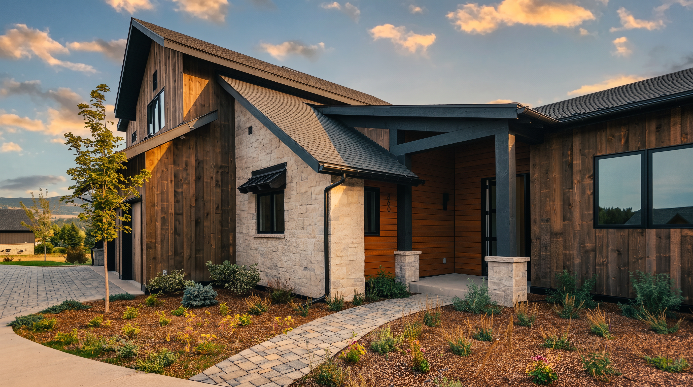 This stunning contemporary mountain-style home showcases a sophisticated blend of vertical wood siding, horizontal cedar accents, and textured light-toned stone masonry. The property features a welcoming front entry with a covered porch supported by stone-based columns and a paver walkway leading to the front door. The architectural design is further enhanced by clean black-trimmed windows and modern landscape detailing, creating an inviting and upscale curb appeal.