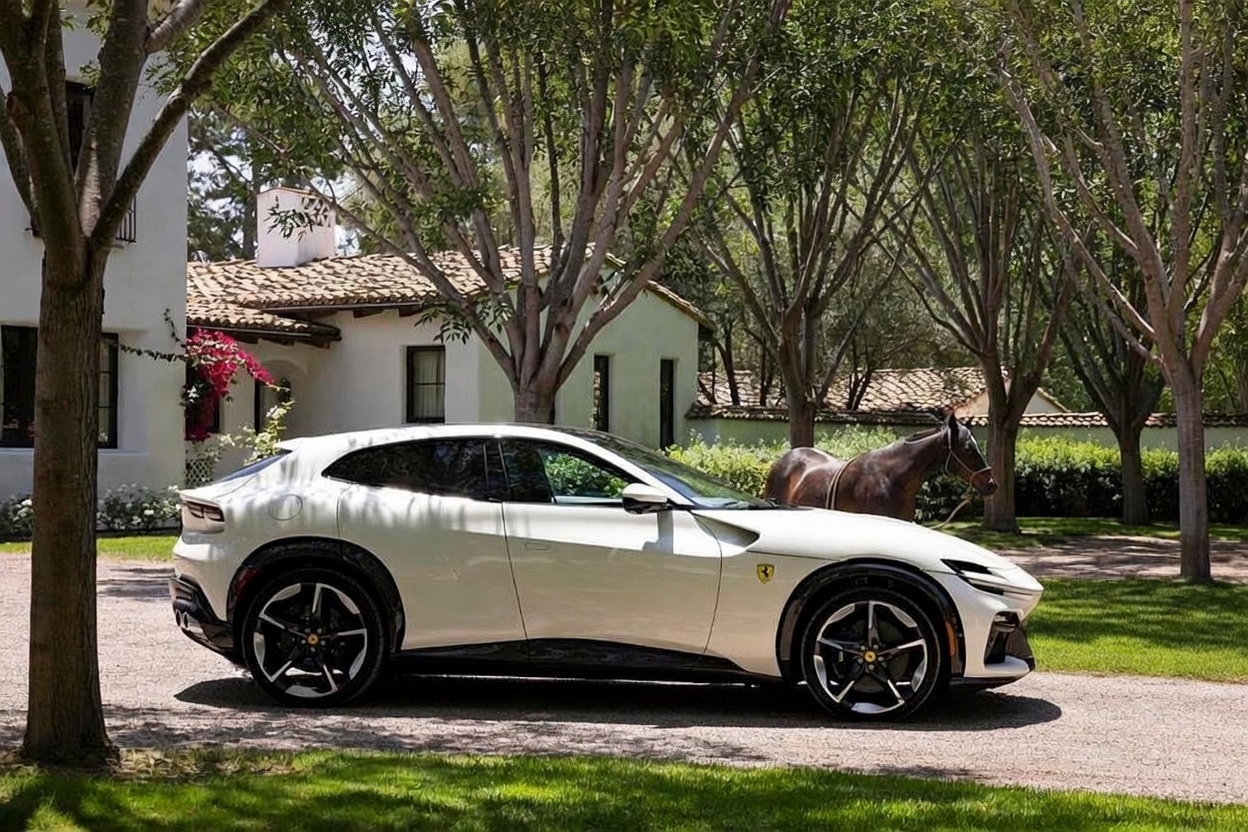 This side-profile view captures a white luxury SUV parked on a gravel driveway in front of a Mediterranean-style home with a terracotta tile roof. A horse stands peacefully in the background near a low stone wall, framed by mature trees that cast dappled shadows across the scene. The composition emphasizes a blend of high-end automotive design and a serene, estate-like residential setting.