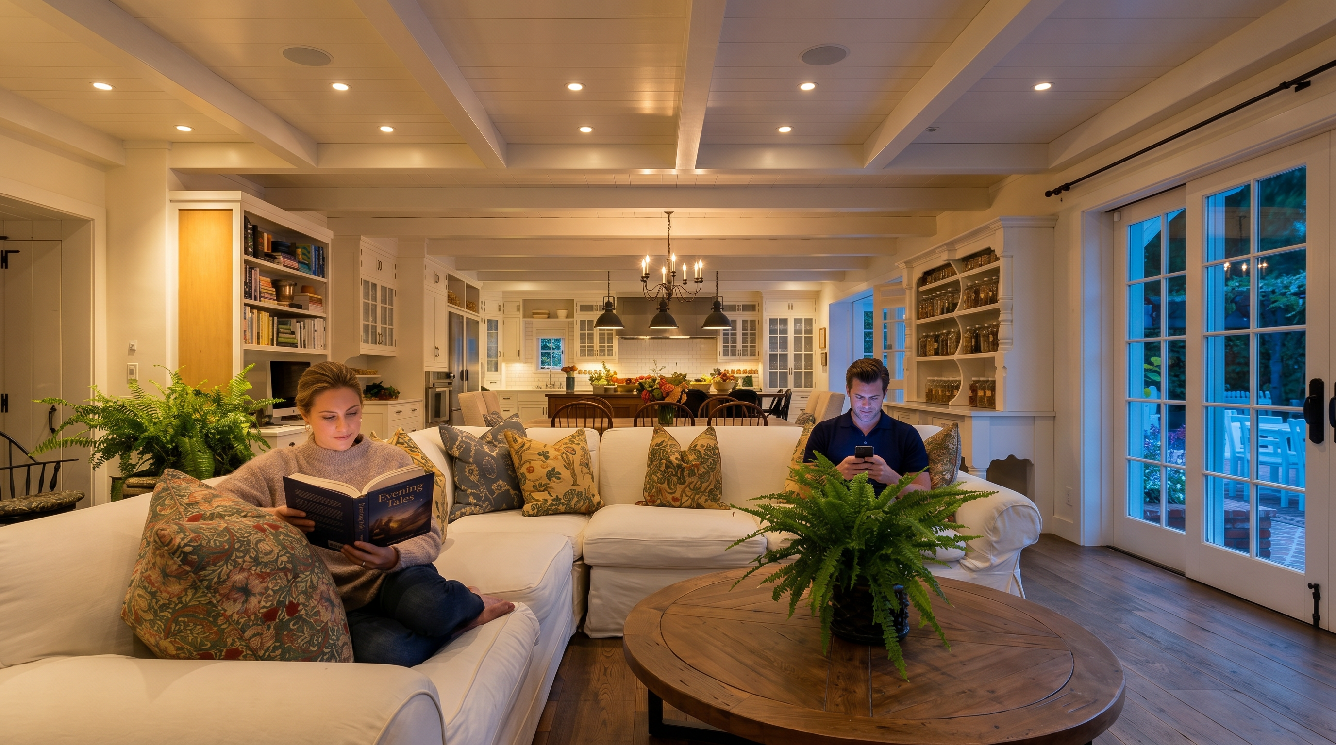 This spacious, open-concept living area features a large, cream-colored sectional sofa adorned with patterned throw pillows, centered around a round, rustic wood coffee table. The room is defined by high ceilings with exposed white beams, warm wood flooring, and built-in shelving units that flank the space. A clear line of sight extends through the living area into the kitchen, creating an airy, inviting atmosphere filled with natural light from the adjacent glass doors.