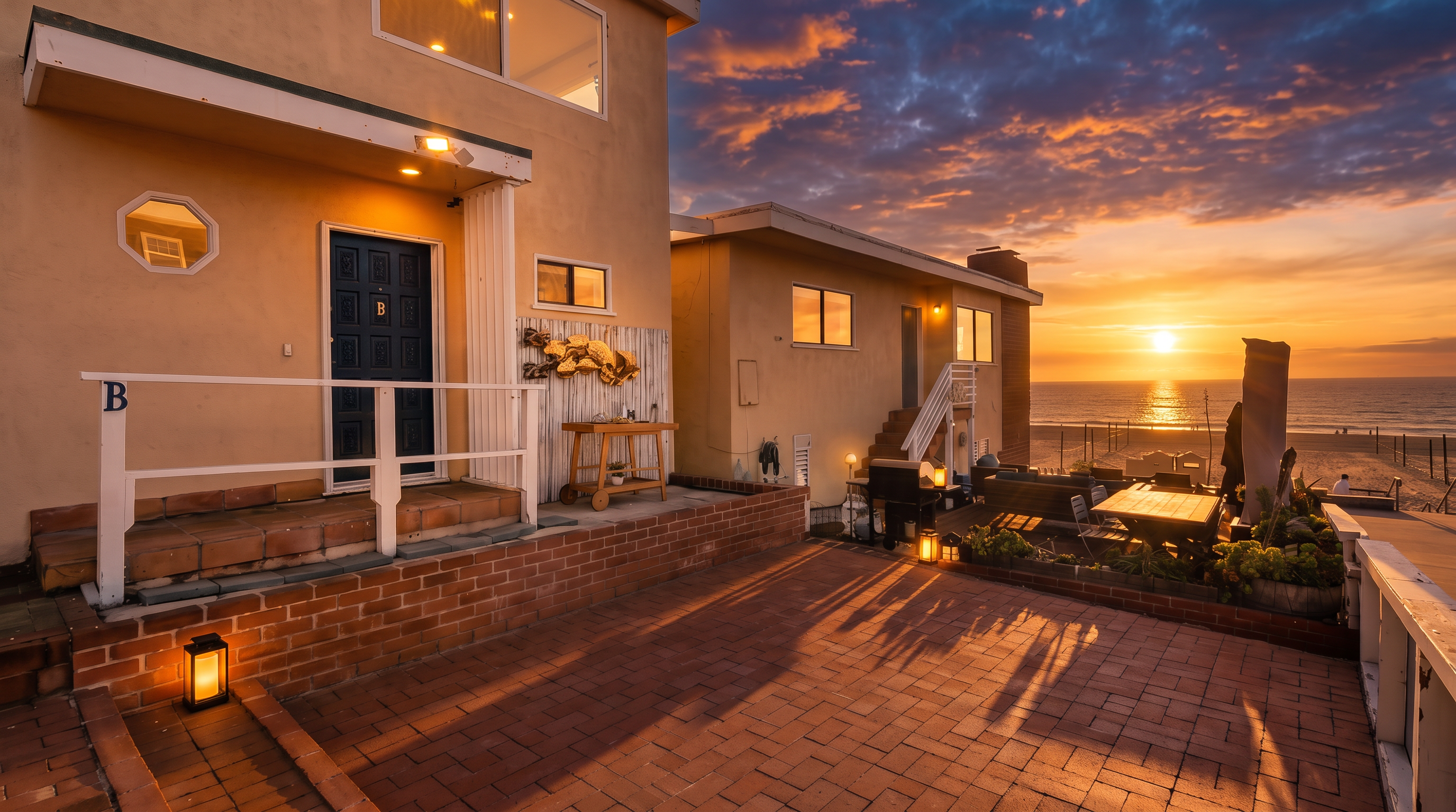 This rear exterior view captures a beachside property featuring a small, artificial turf yard enclosed by a low brick wall. The scene includes a patio area with outdoor furniture and a direct, unobstructed view of the ocean and sandy beach beyond the property line. The architecture is simple and coastal, with a prominent entryway marked by a 'B' and a staircase leading to an upper level.