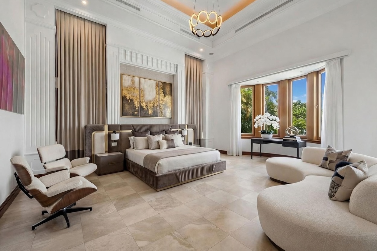 This expansive primary bedroom features high ceilings with a modern chandelier and large windows that provide abundant natural light. The room is furnished with a central bed flanked by nightstands, a pair of lounge chairs, and a curved sofa, all set against a neutral color palette with stone flooring. The sophisticated design includes tall drapery and a large abstract art piece, creating a luxurious and serene atmosphere.