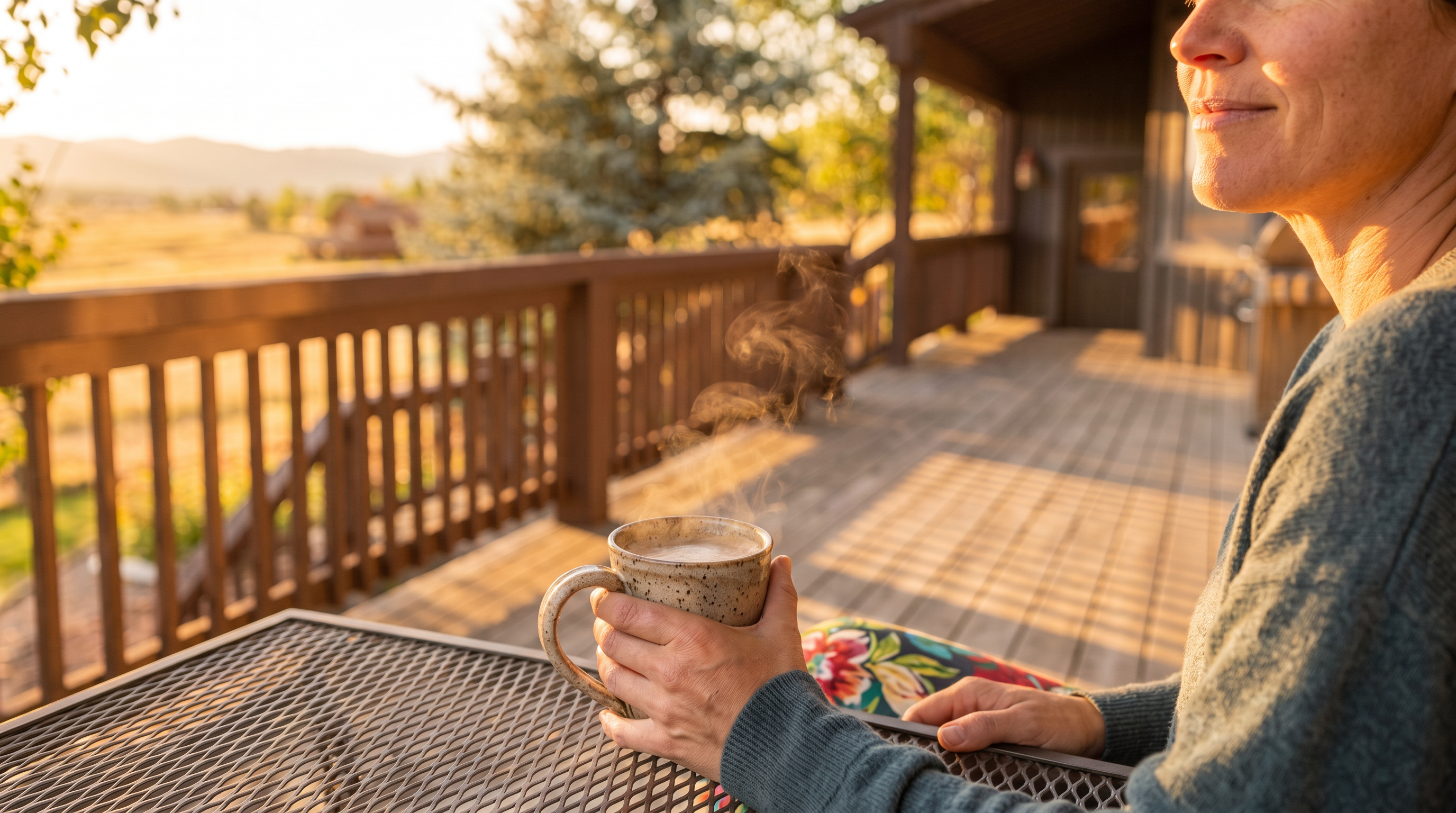 This spacious wooden deck offers a rustic and inviting atmosphere, perfect for outdoor relaxation or entertaining with its dedicated dining area. It features sweeping, unobstructed views of the surrounding rural landscape and is shaded by mature trees, enhancing its serene and private appeal. The deck is well-integrated with the home's architecture, showcasing natural wood elements and providing a functional transition between indoor and outdoor living.