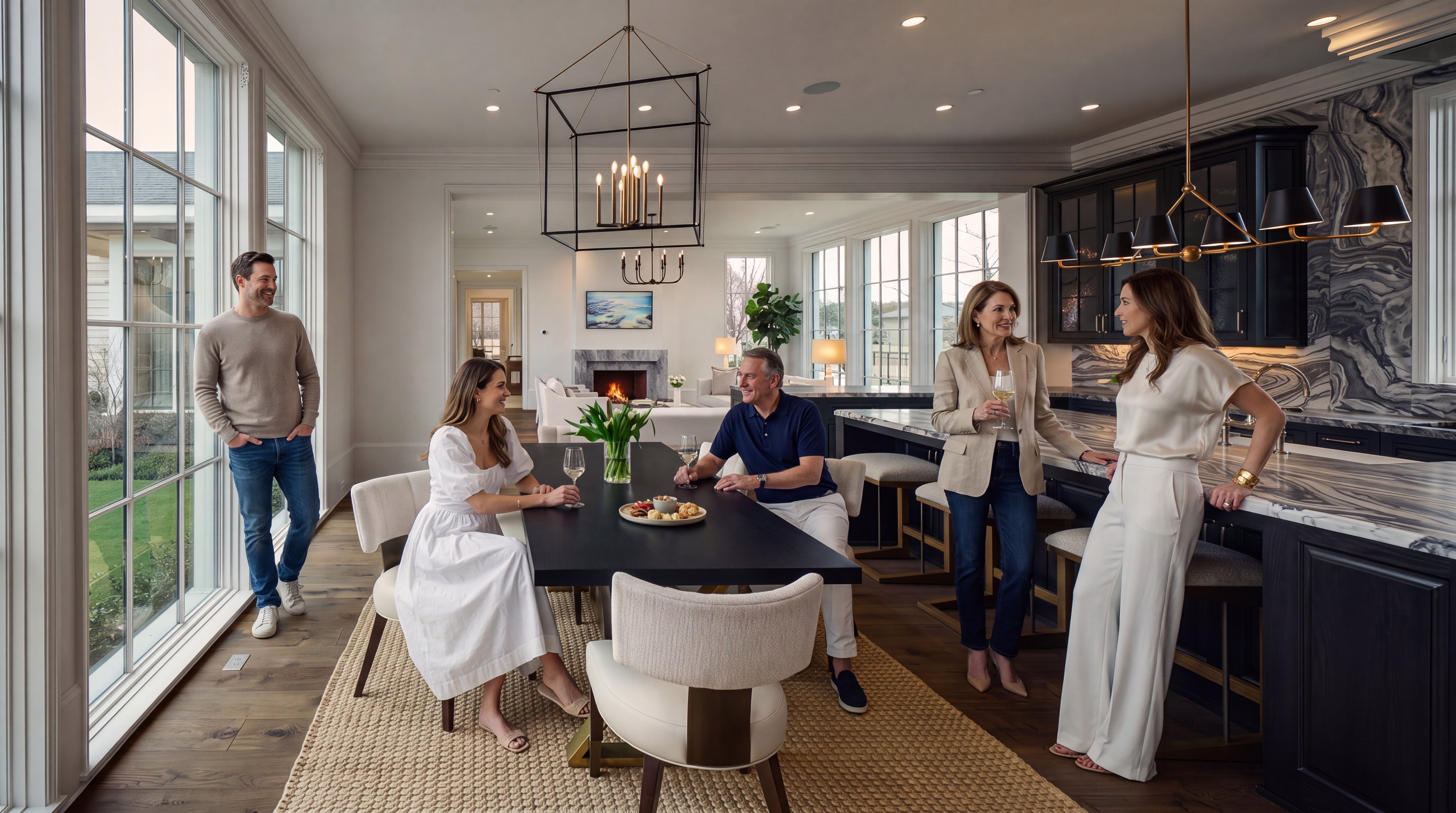 This open-concept space seamlessly blends a dining area with a sophisticated kitchen, featuring a long island with a stone countertop and bar seating. The kitchen is defined by dark cabinetry and a striking stone backsplash, while the dining area is anchored by a dark table and light-toned chairs set upon a textured rug. Large windows along the left wall provide abundant natural light, creating an airy and elegant atmosphere that flows into the adjacent living area.