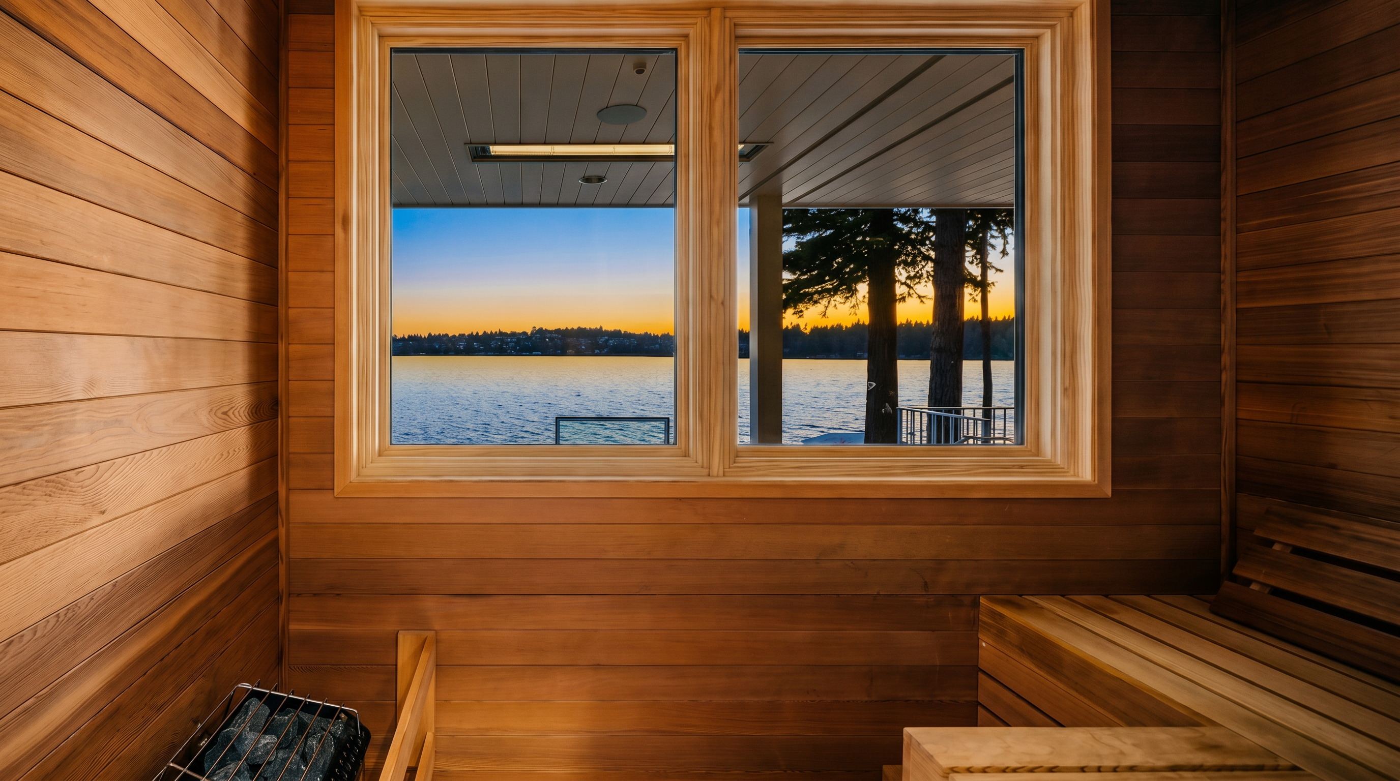 This image shows the interior of a sauna, characterized by its warm, light wood paneling and built-in wooden benches. A large window provides a clear, scenic view of a lake at sunset, framed by trees and a distant shoreline. The perspective is from inside the sauna, looking out toward the water, creating a serene and relaxing atmosphere.