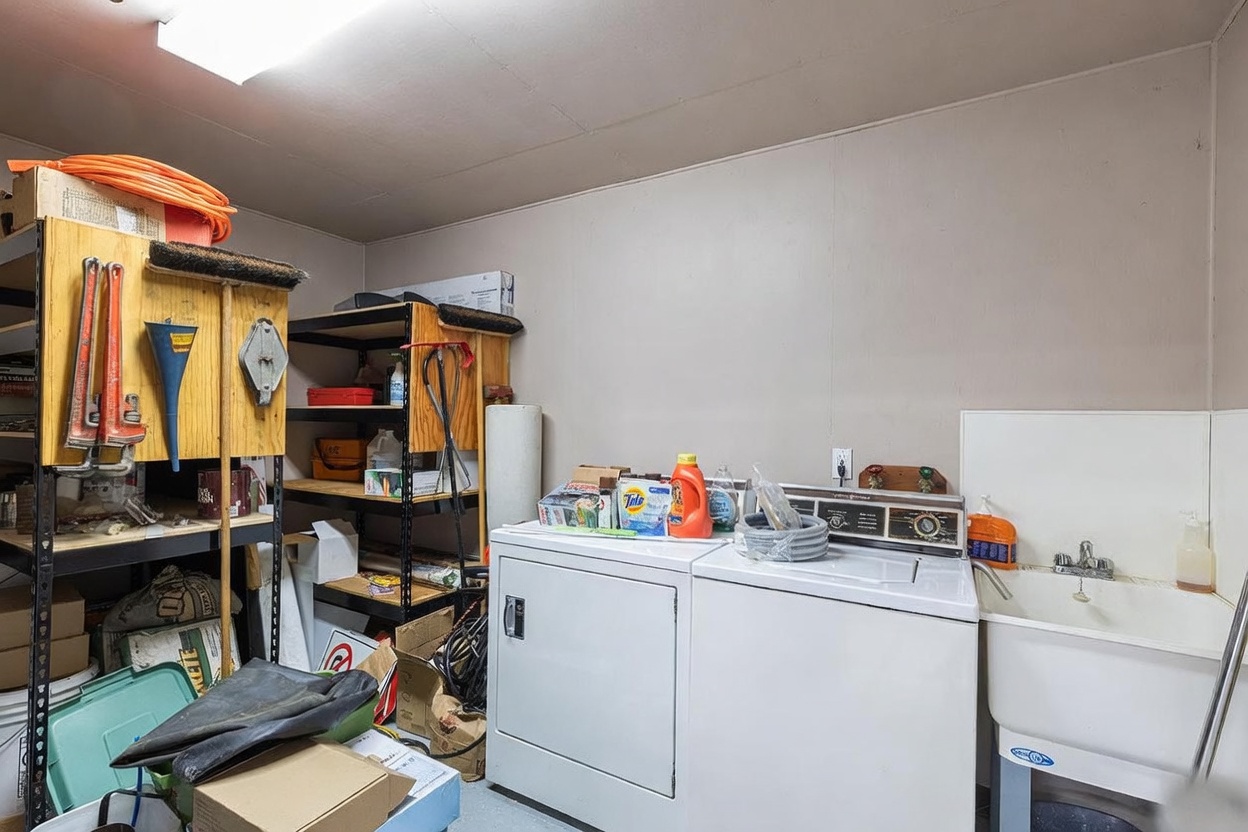 This functional laundry room features a side-by-side washer and dryer set positioned next to a utility sink. To the left, open metal shelving units provide ample storage for tools, cleaning supplies, and miscellaneous household items. The space has a utilitarian aesthetic with neutral-toned walls and overhead lighting, serving as a practical workspace for laundry and home maintenance.