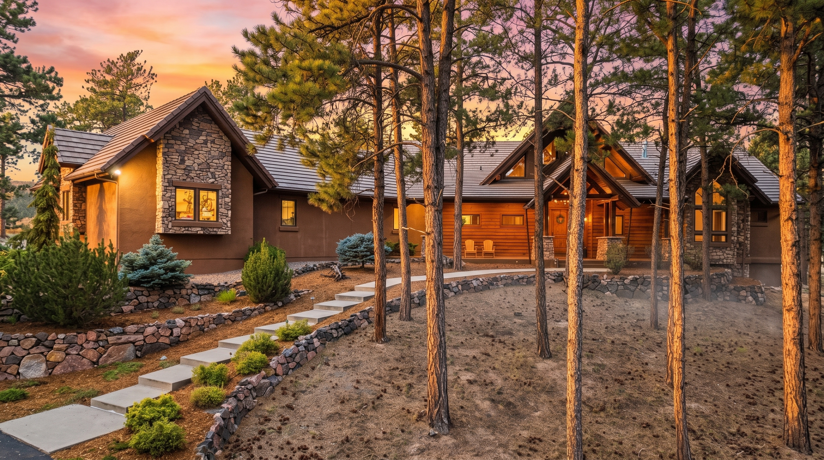 This mountain-style residence features a blend of warm brown stucco and natural stone accents, complemented by horizontal wood siding. A winding concrete staircase with stone retaining walls leads up to the main entrance, which is framed by a covered porch and tall, multi-paned windows. The home is nestled among mature pine trees, creating a serene and secluded atmosphere under a soft, twilight sky.