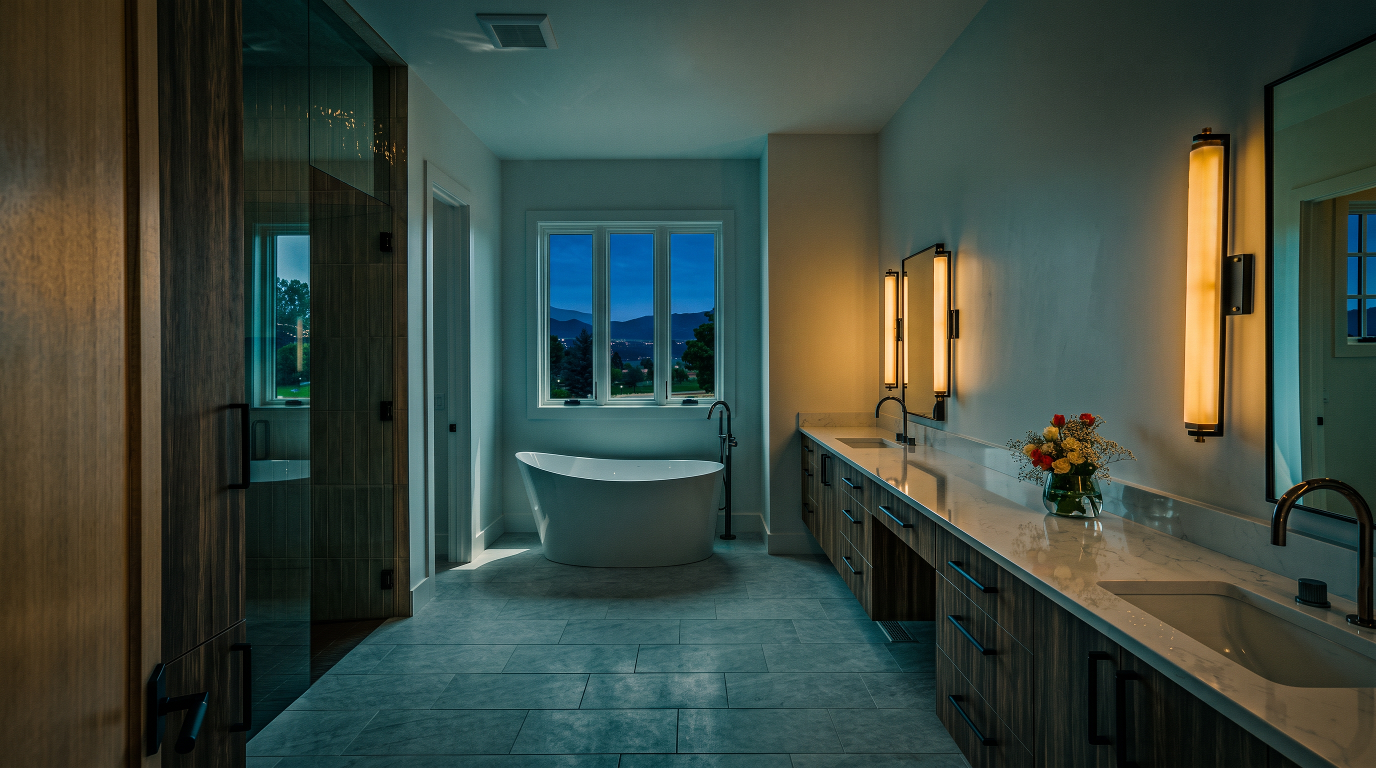 This modern, spacious primary bathroom features a sleek freestanding soaking tub centered in front of a window with serene landscape views. The design includes a double vanity with rich wood cabinets, quartz countertops, and clean, contemporary lighting fixtures. A large walk-in glass shower with neutral tile adds to the spa-like atmosphere, creating a bright and high-end feel.