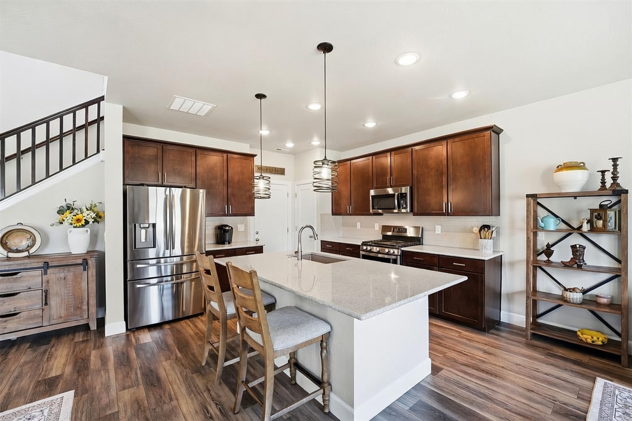 This open-concept kitchen features dark wood cabinetry, stainless steel appliances, and a central island with a light-toned stone countertop and bar seating. The space is illuminated by two industrial-style pendant lights and recessed ceiling lighting, creating a warm and inviting atmosphere. A wooden sideboard sits to the left near a staircase, while a decorative shelving unit stands on the right, contributing to the home's cohesive and functional design.