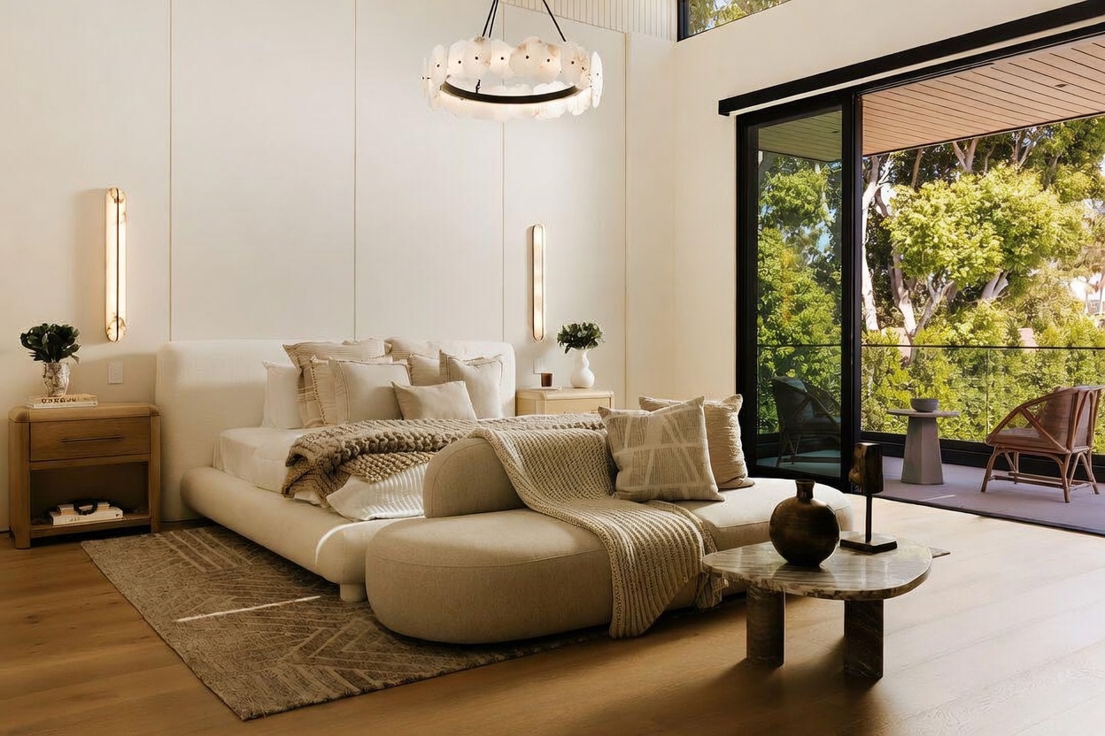This serene primary bedroom features a neutral color palette with a low-profile upholstered bed and a curved bench at its foot. The room is accented by a unique circular chandelier, vertical wall lighting, and a stone-topped coffee table, all set against light wood flooring. Large sliding glass doors open onto a private balcony, seamlessly blending the indoor space with the lush greenery outside.