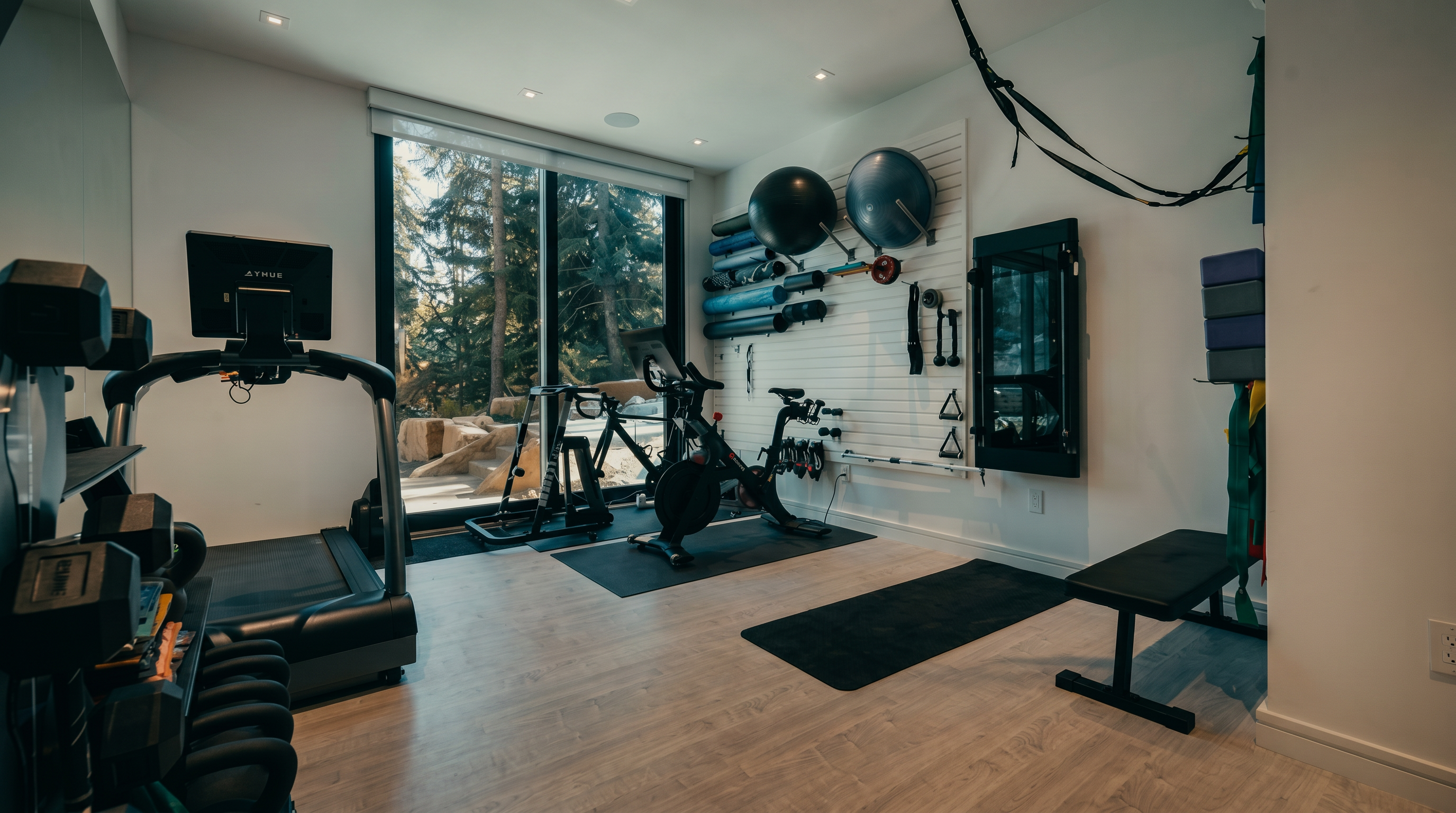 This well-equipped home gym features light-toned flooring and a wall-mounted storage system for exercise equipment, including yoga mats, stability balls, and resistance bands. A treadmill and a stationary bike are positioned near large windows that provide a view of the wooded exterior, while a weight rack and a bench complete the workout space. The room has a clean, functional aesthetic with a minimalist design.