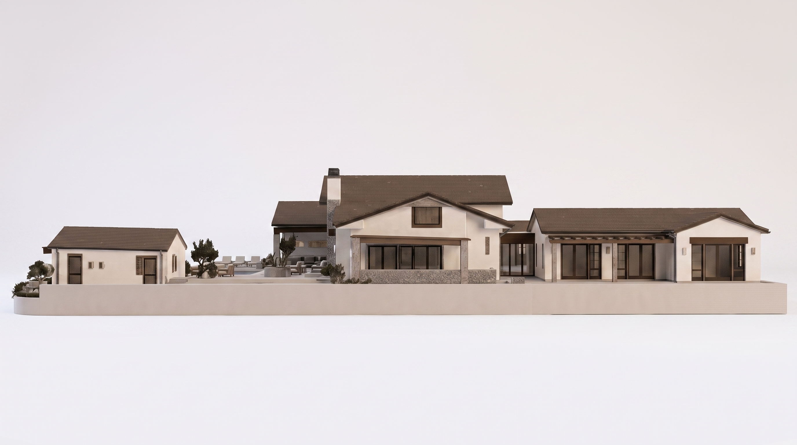 This high-end architectural rendering showcases the rear elevation of a sprawling modern farmhouse estate. The home features a symmetrical design with a central gabled roofline, stone accents, expansive sliding glass doors, and a covered patio area overlooking a private pool space. The property exudes a luxurious, serene atmosphere with its clean lines, warm earth tones, and seamless integration between indoor and outdoor living.
