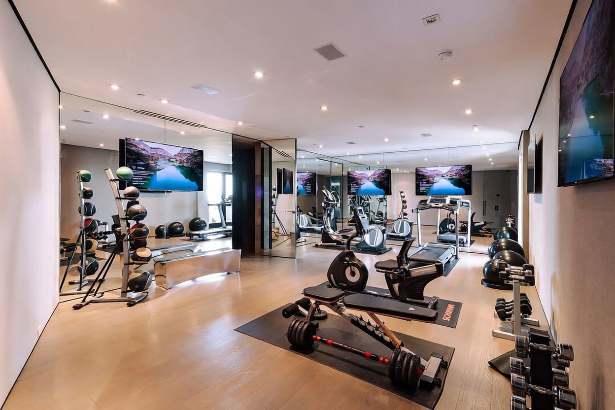 This sleek, modern home gym features light hardwood flooring and expansive mirrored walls that create an airy, spacious atmosphere. The room is well-equipped with professional-grade fitness equipment, including a weight bench, various dumbbells, medicine balls, and cardio machines like treadmills. A large wall-mounted television provides entertainment, while recessed lighting ensures a bright and motivating workout environment.