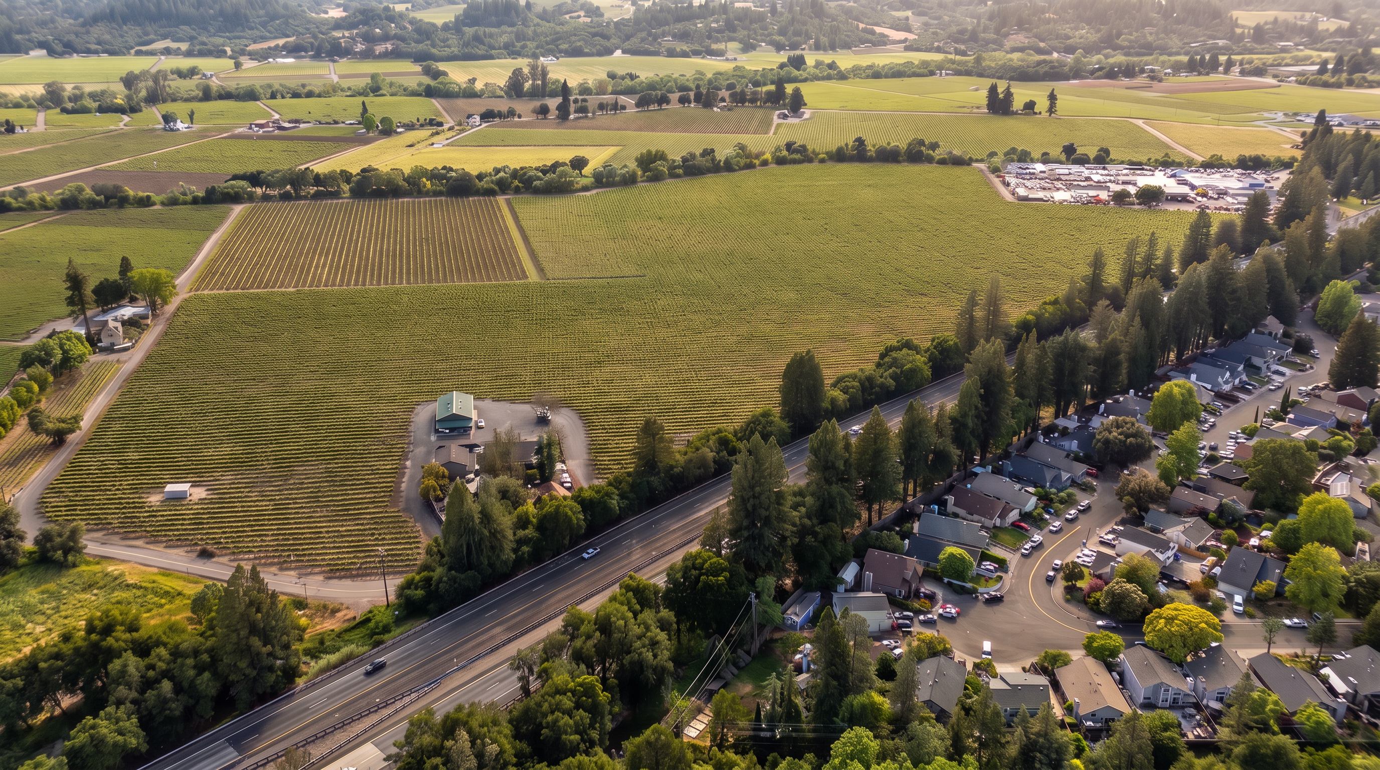 This aerial view showcases a residential suburban neighborhood bordering expansive, well-maintained agricultural vineyards. The scene features a clear contrast between the orderly rows of crops, a multi-lane roadway, and a cluster of single-family homes with mature trees and suburban landscaping. It offers a unique perspective on the proximity of rural land to developed community areas, suggesting a tranquil and scenic residential setting.