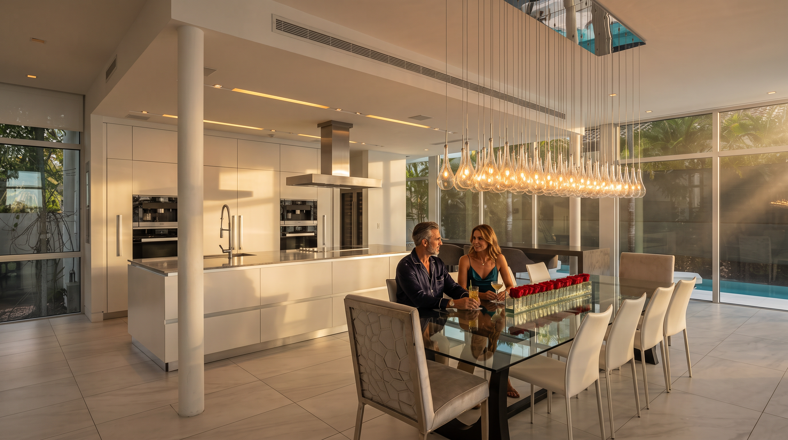 This expansive, open-concept kitchen and dining area features a sleek, minimalist aesthetic with white cabinetry and a large central island. A striking, multi-pendant light fixture hangs above a glass-topped dining table, while floor-to-ceiling windows provide a clear view of the outdoor pool area. The space is characterized by its bright, airy atmosphere, neutral tile flooring, and seamless integration between indoor and outdoor living.