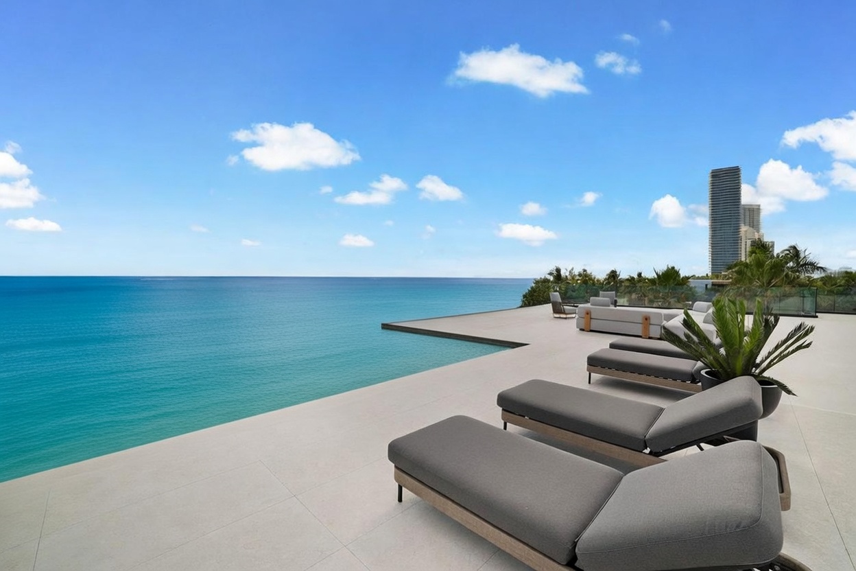 This luxurious rooftop terrace features a sleek infinity-edge pool that seamlessly blends with the ocean horizon. The expansive deck is furnished with modern lounge chairs and a comfortable seating area, all set against a backdrop of clear blue skies and distant coastal high-rises. The perspective captures the serene, elevated atmosphere of a high-end waterfront property.