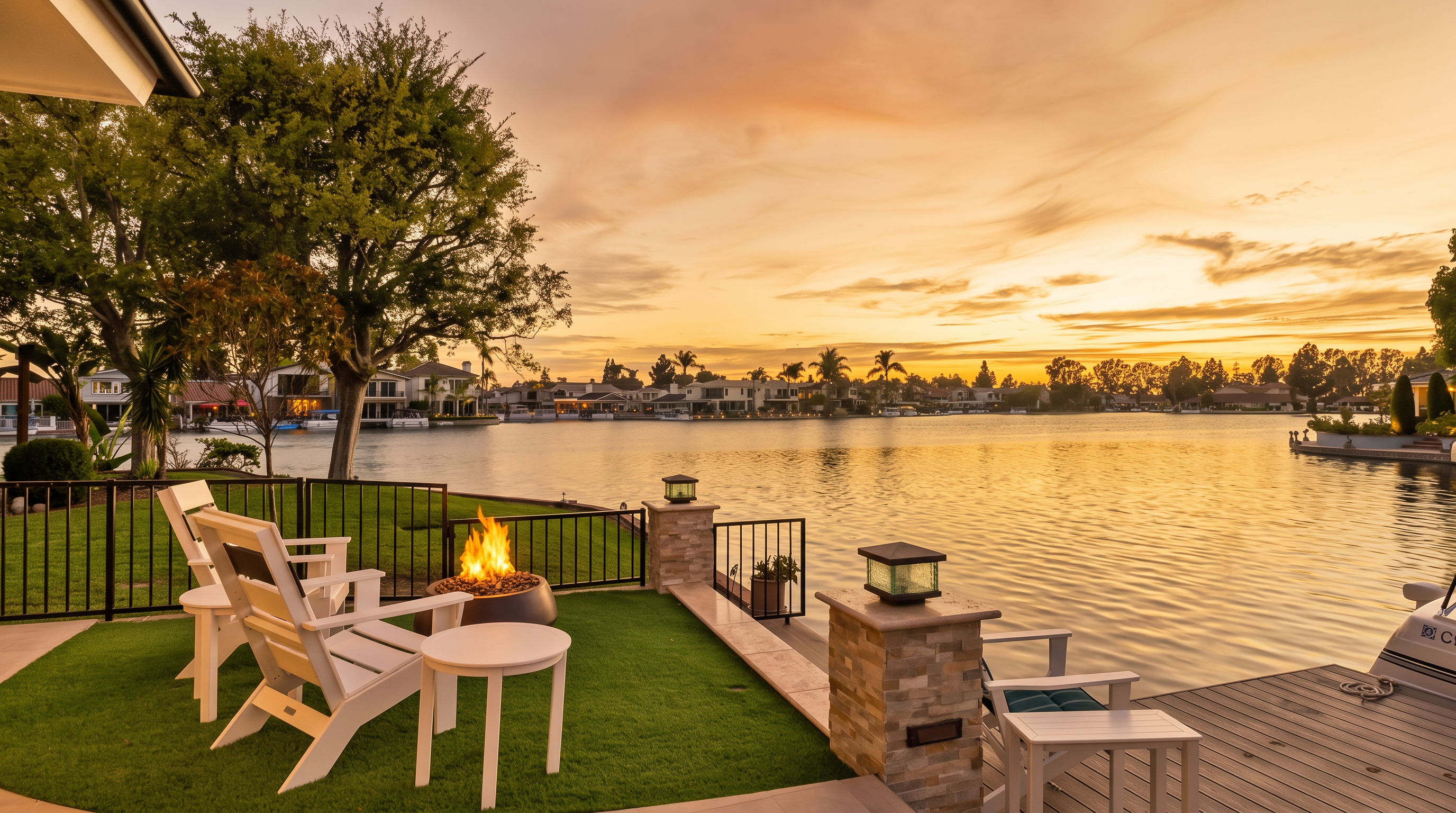 This serene waterfront patio features a cozy seating area with white chairs and a modern fire pit, set against an artificial turf lawn. The space seamlessly transitions into a wooden boat dock, providing an idyllic, resort-like setting for relaxation and entertainment with panoramic lake views at sunset. The architectural design highlights a high-end, comfortable outdoor living space perfect for those who enjoy water-adjacent recreation.